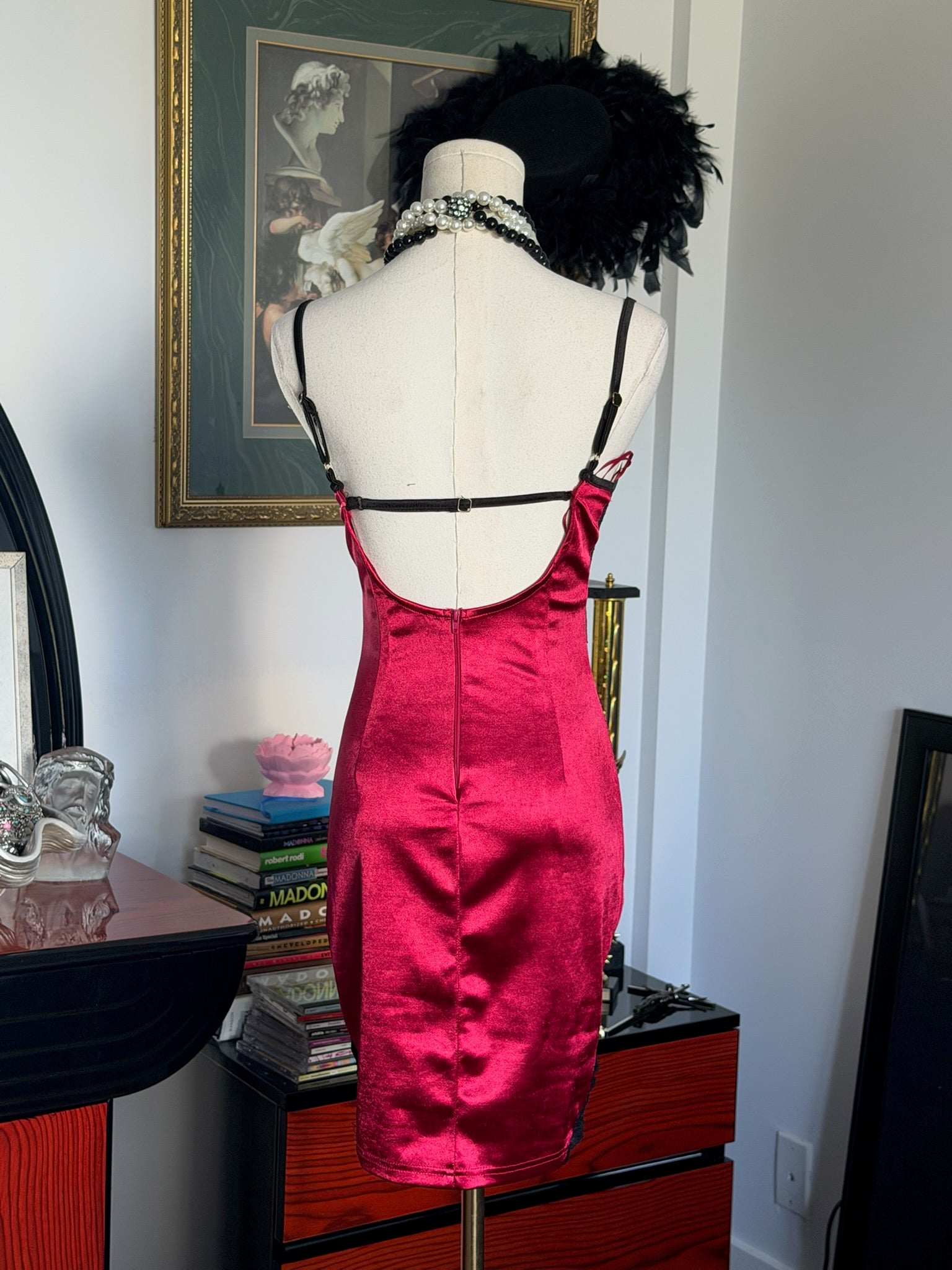 CEFIAN Lace Corset Satin Slip Dress – Black & Ruby Red | Size S