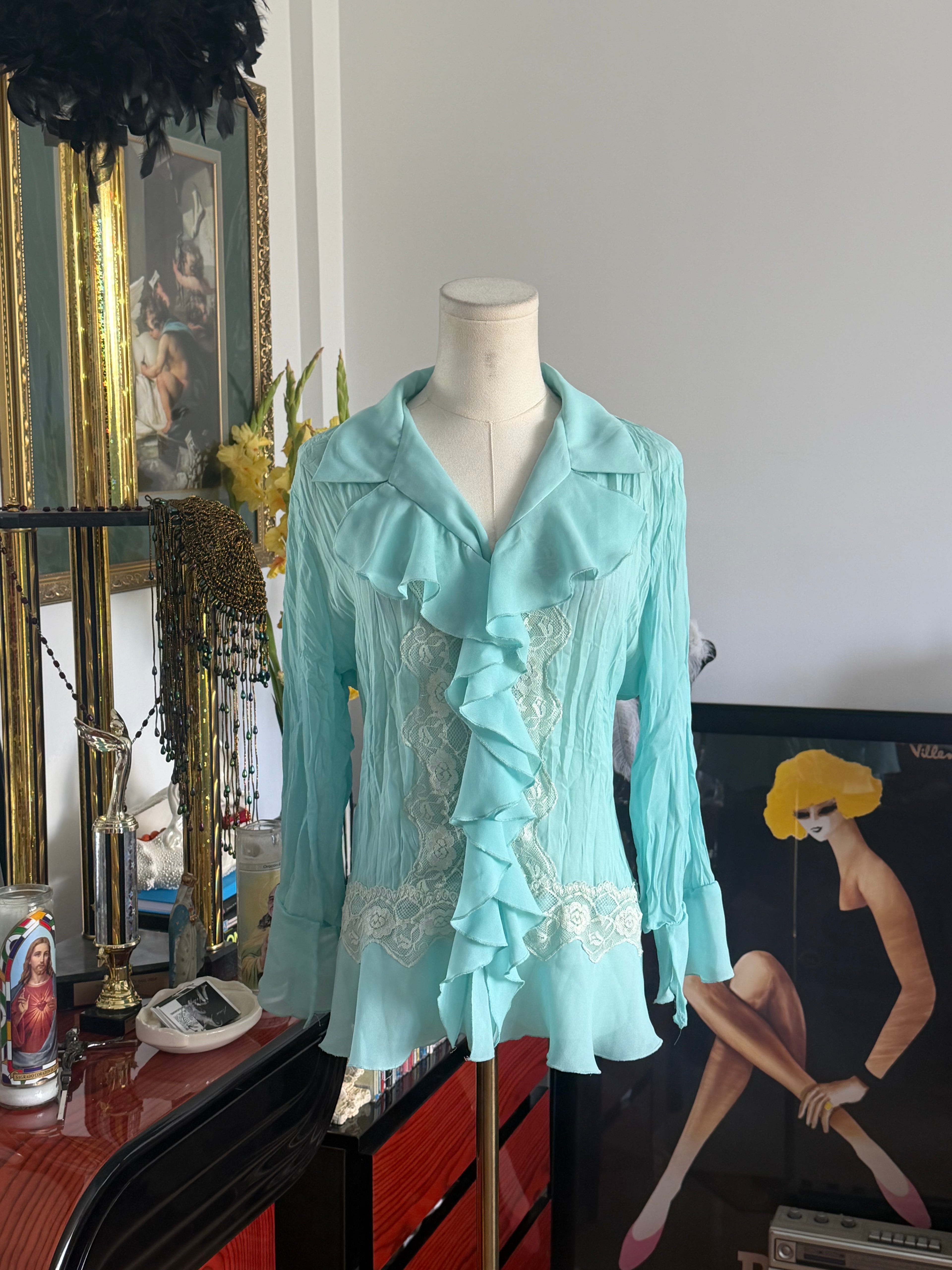 Style & Co. Aqua Blue Ruffle Lace Blouse | Romantic Victorian-Inspired Top | Size 14