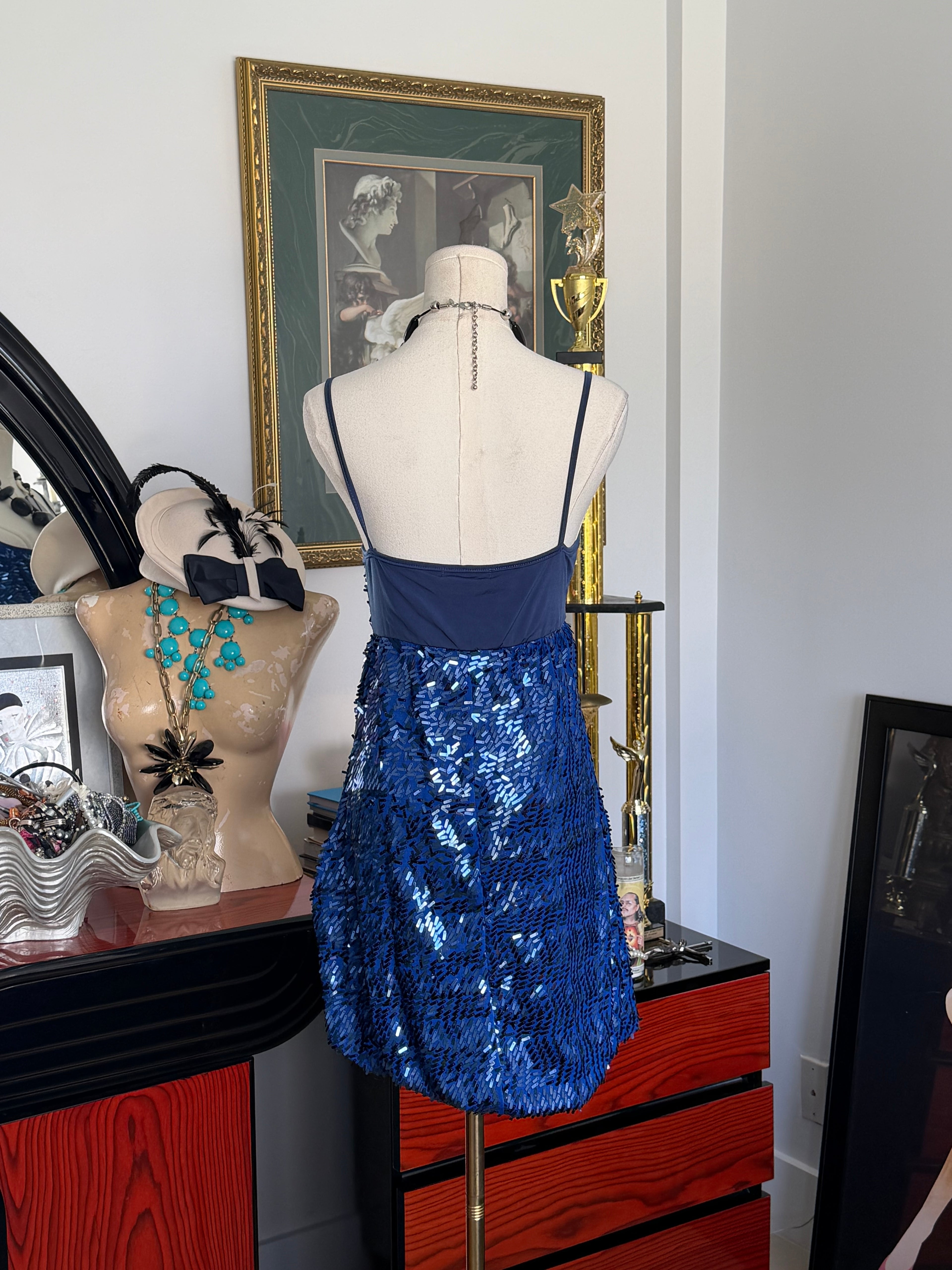 Vintage Y2K Blue Bugle Bead & Sequin Bubble Hem Dress | Made in USA | Medium