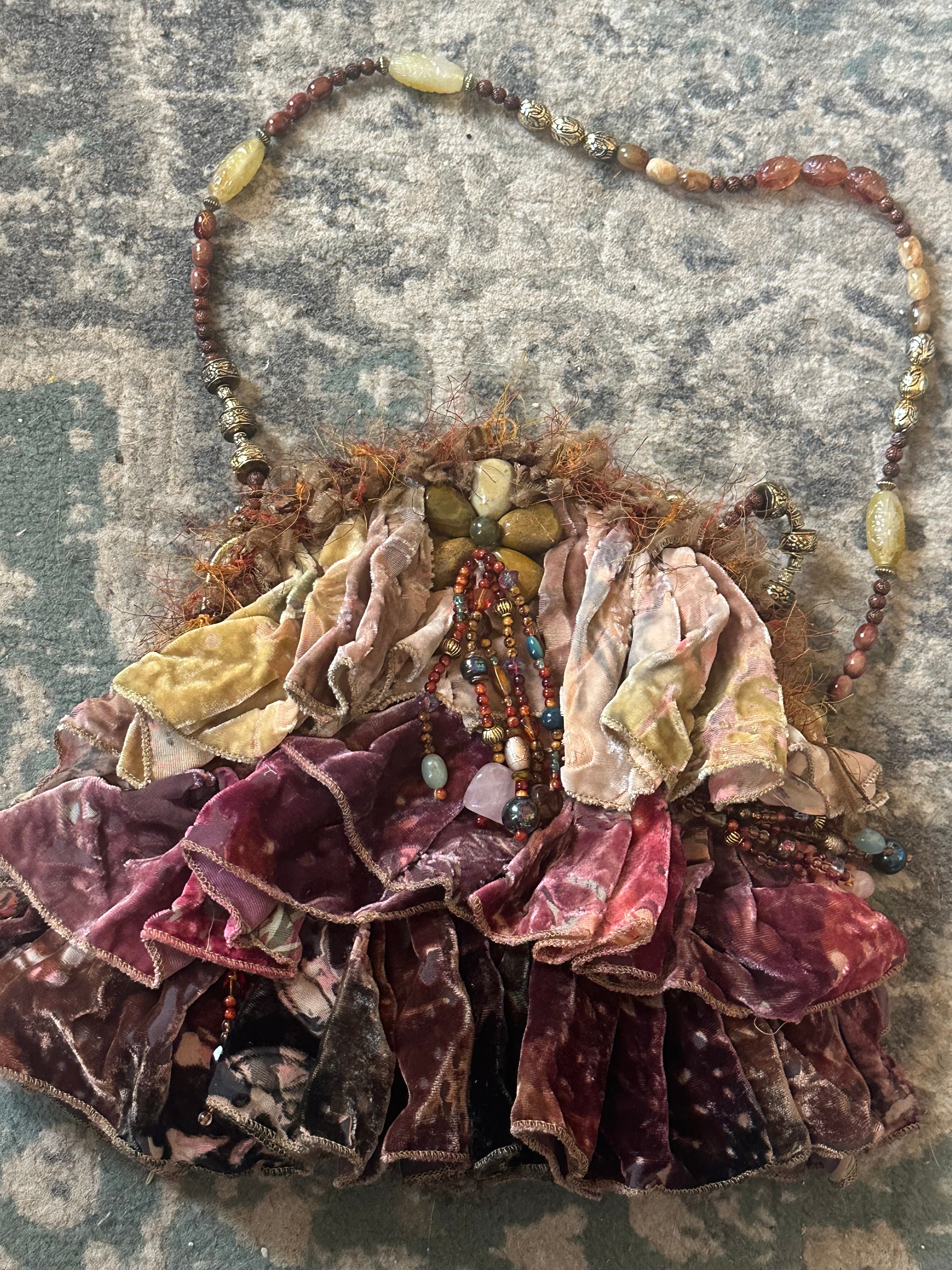Mary Frances Vintage Beaded Velvet Ruffle Shoulder Bag