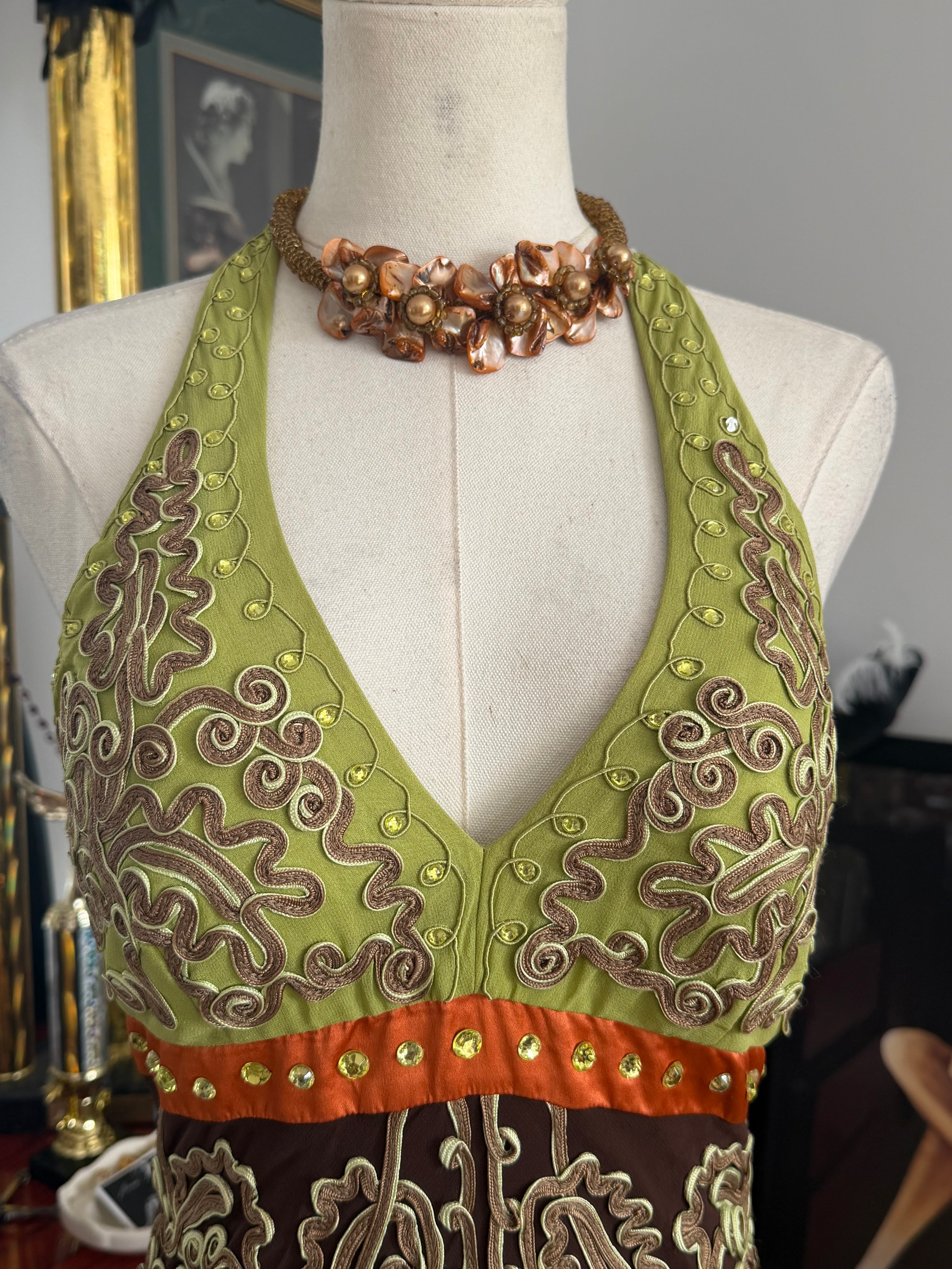 Vintage Sue Wong Couture 100% Silk Embroidered Halter Midi Dress | Size 6