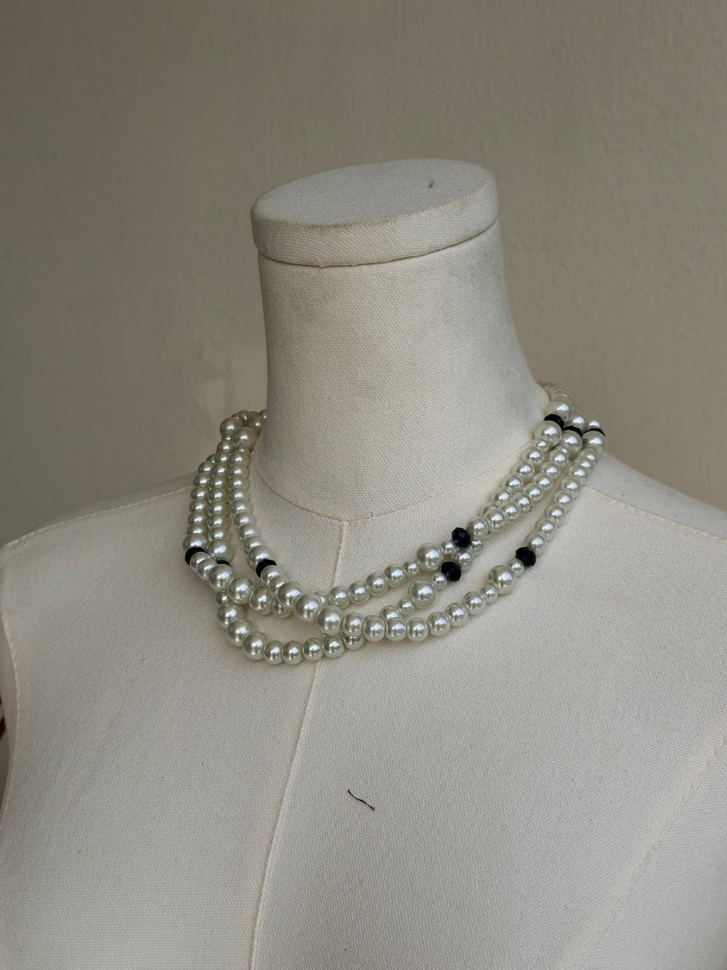 Vintage Multi-Strand Pearl Necklace with Black Crystal Accents