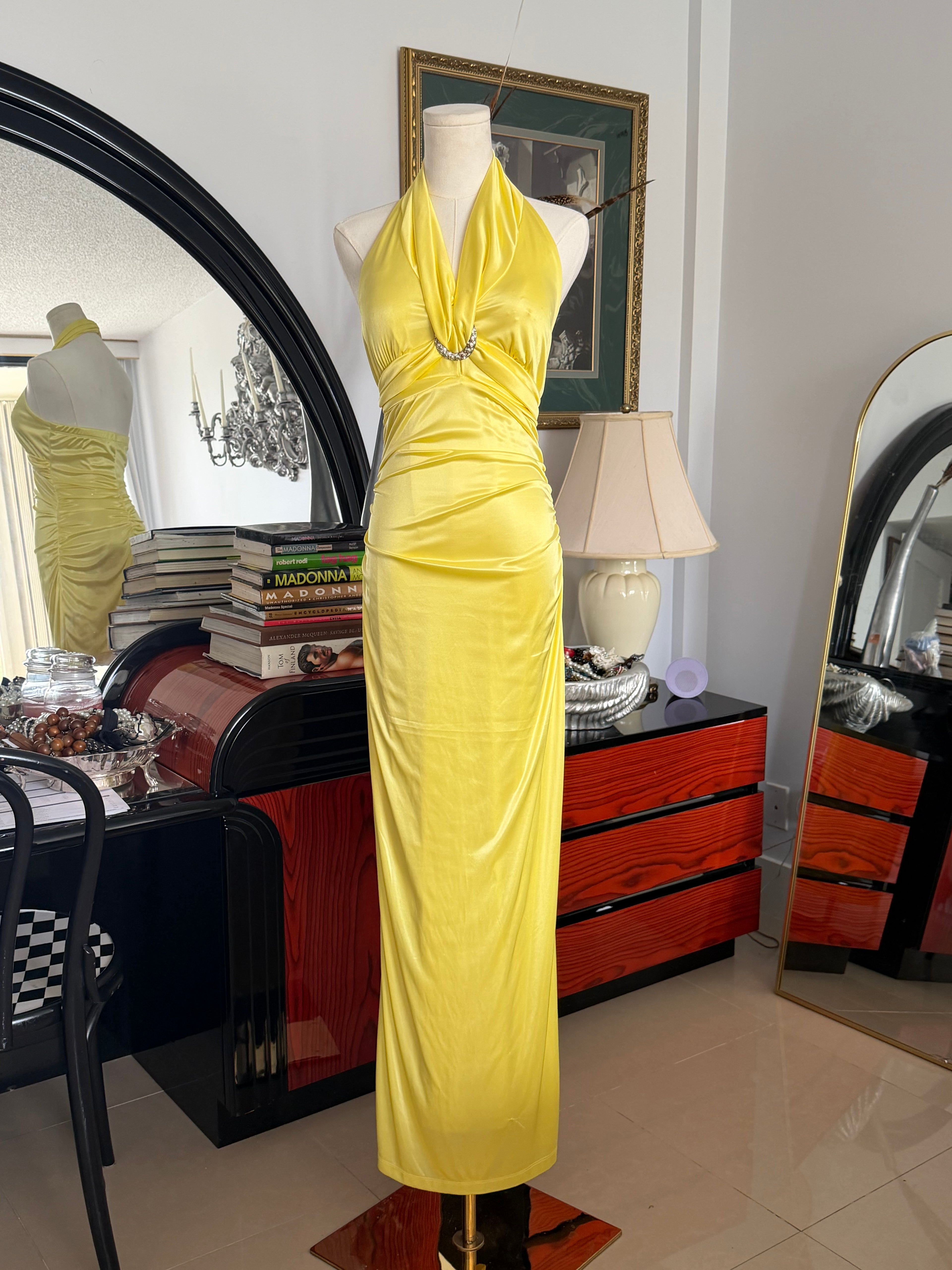 Vintage Bright Lemon Yellow Halter Gown with Rhinestone Detail – Medium