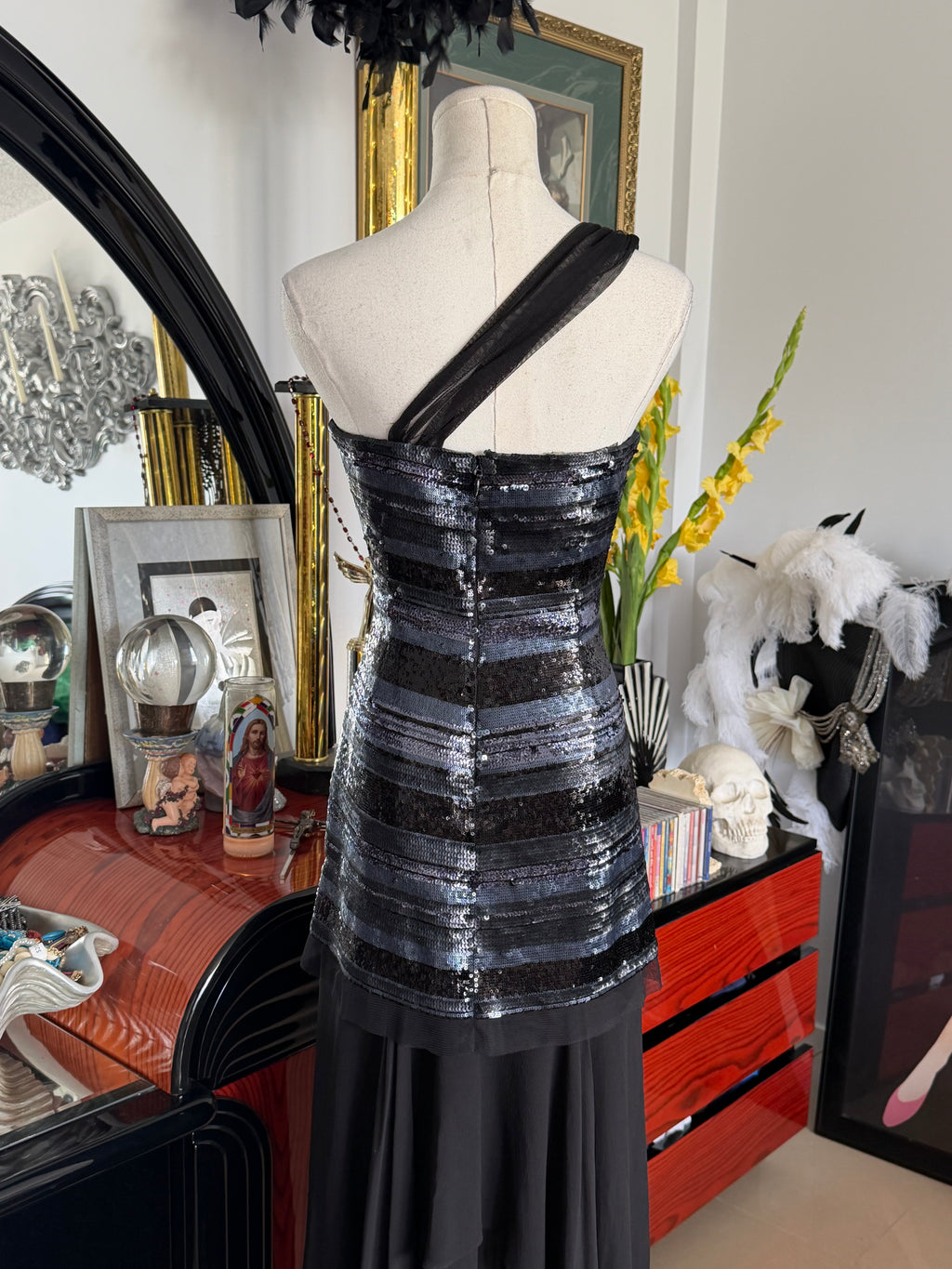 BCBG Max Azria Black Sequin One-Shoulder Evening Gown
