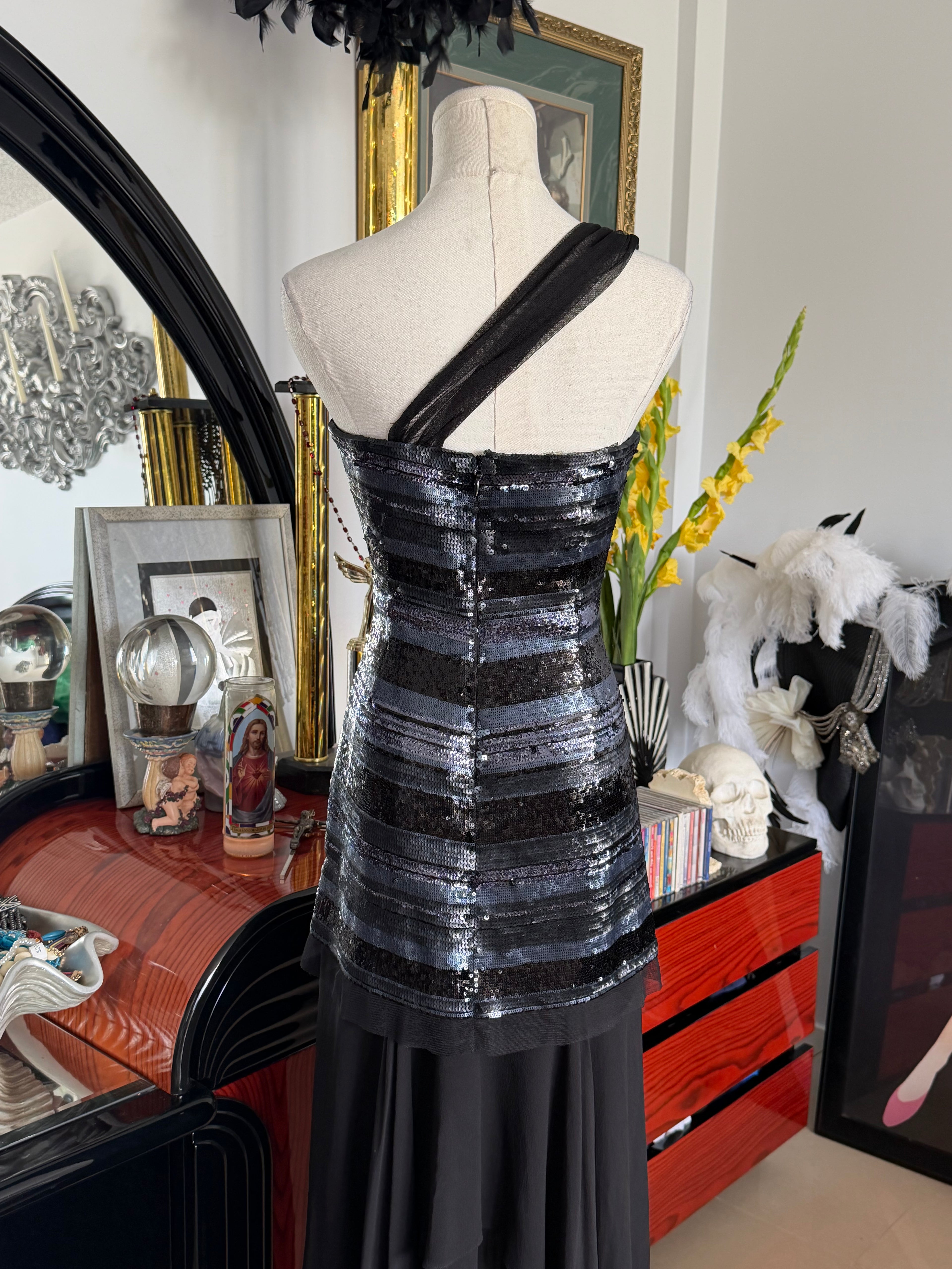 BCBG Max Azria Black Sequin One-Shoulder Evening Gown