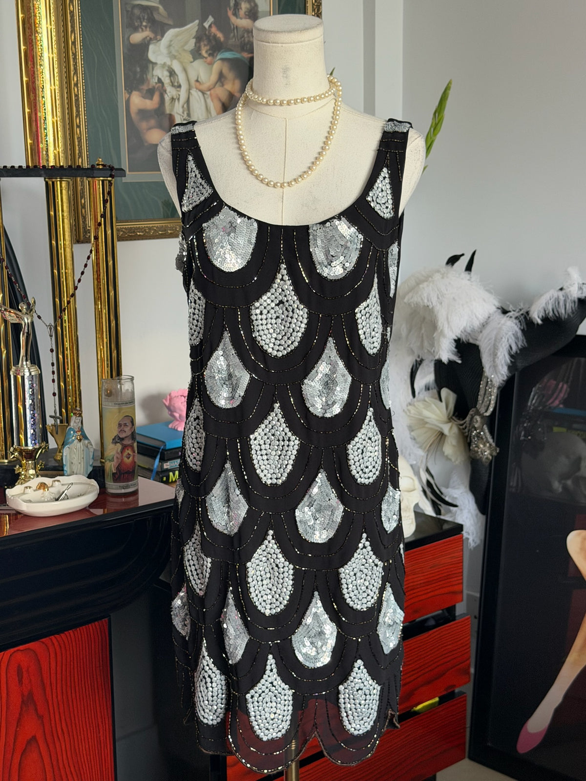 AQUA Art Deco Beaded Sequin Cocktail Dress