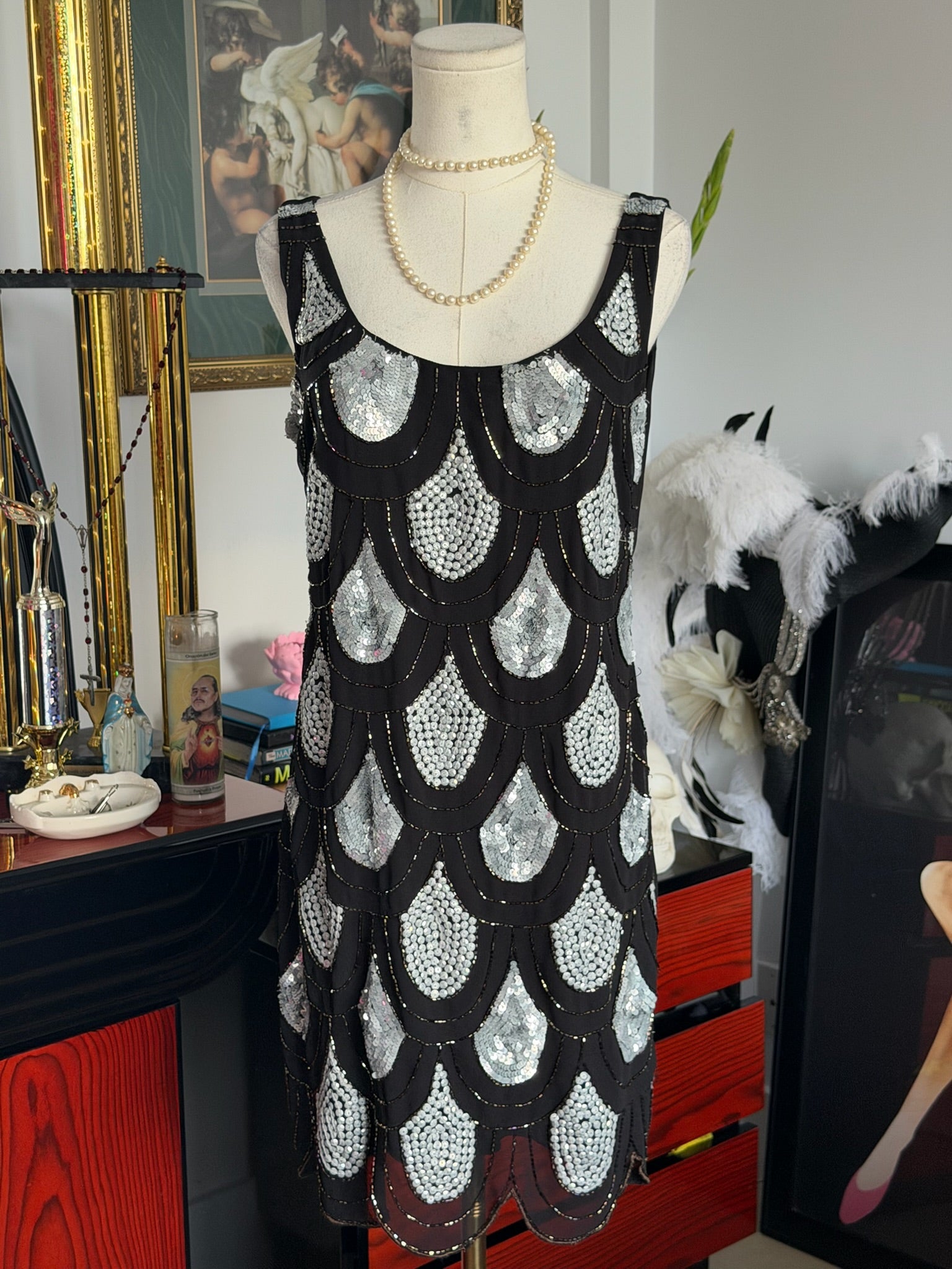 AQUA Art Deco Beaded Sequin Cocktail Dress