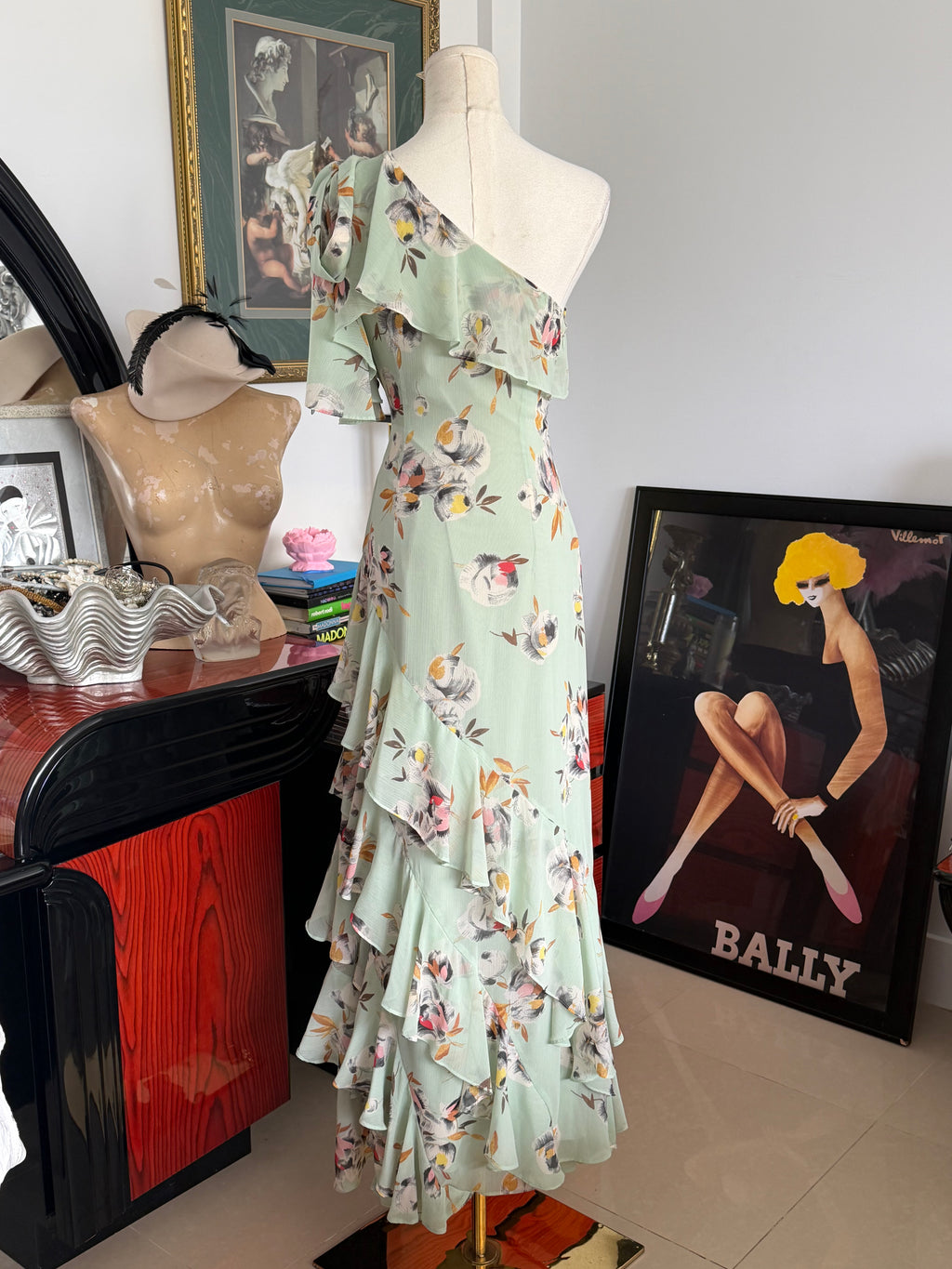 Lauren Ralph Lauren Mint Floral One Shoulder Ruffle Maxi Dress