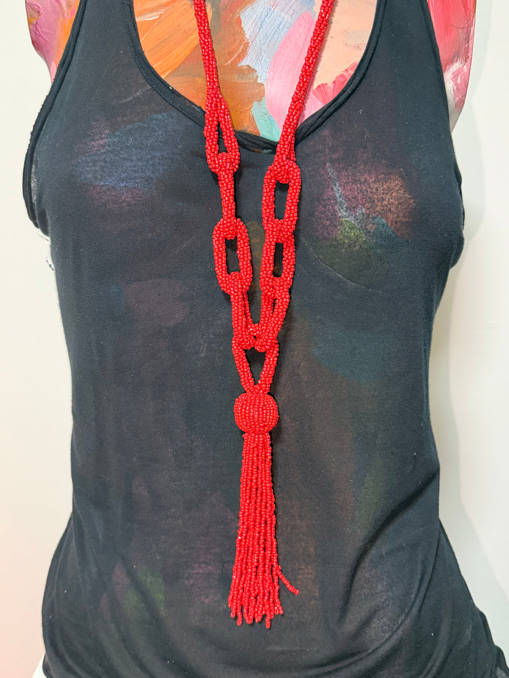 Scarlet Ritual Beaded Tassel Necklace