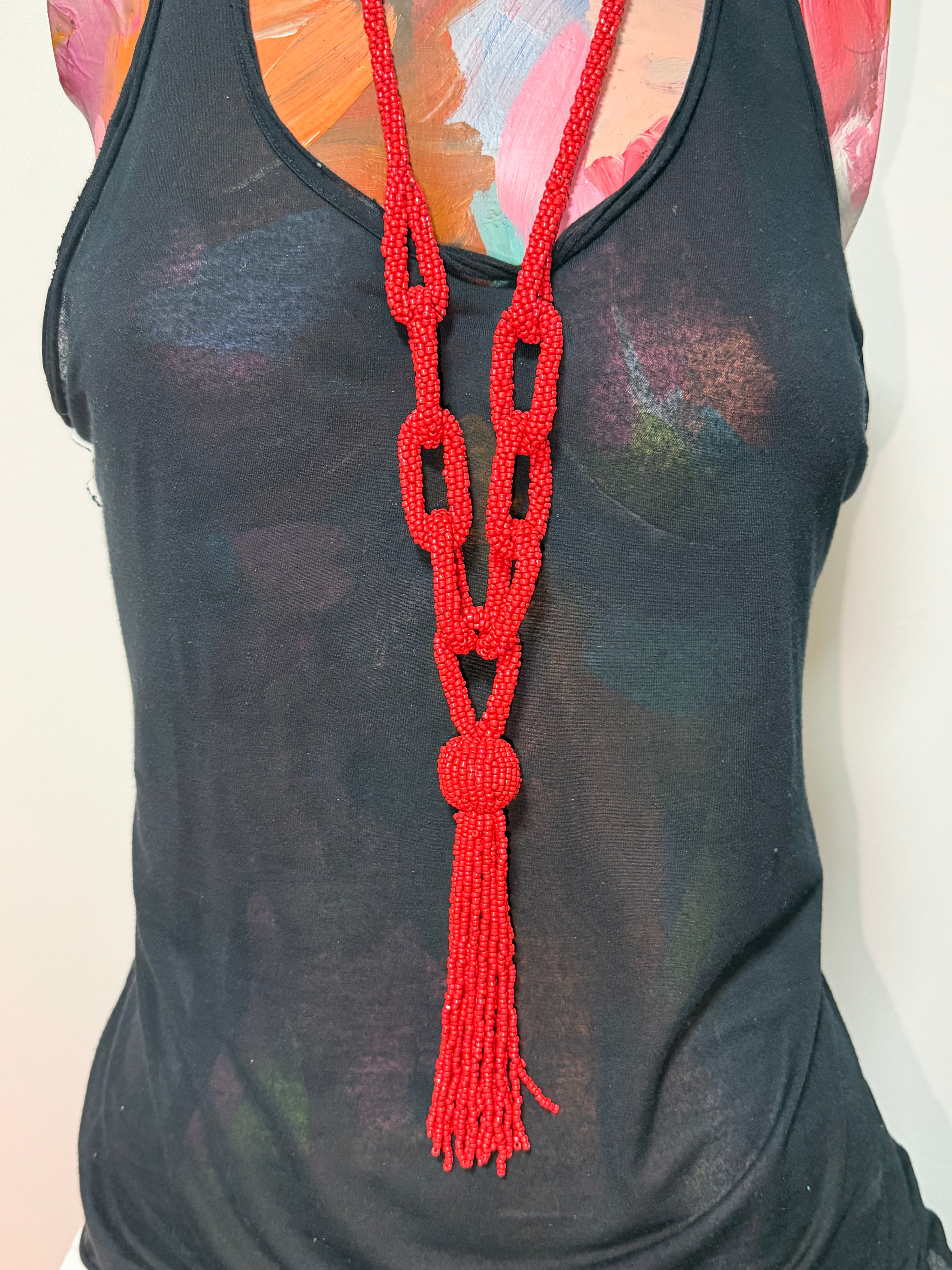 Scarlet Ritual Beaded Tassel Necklace