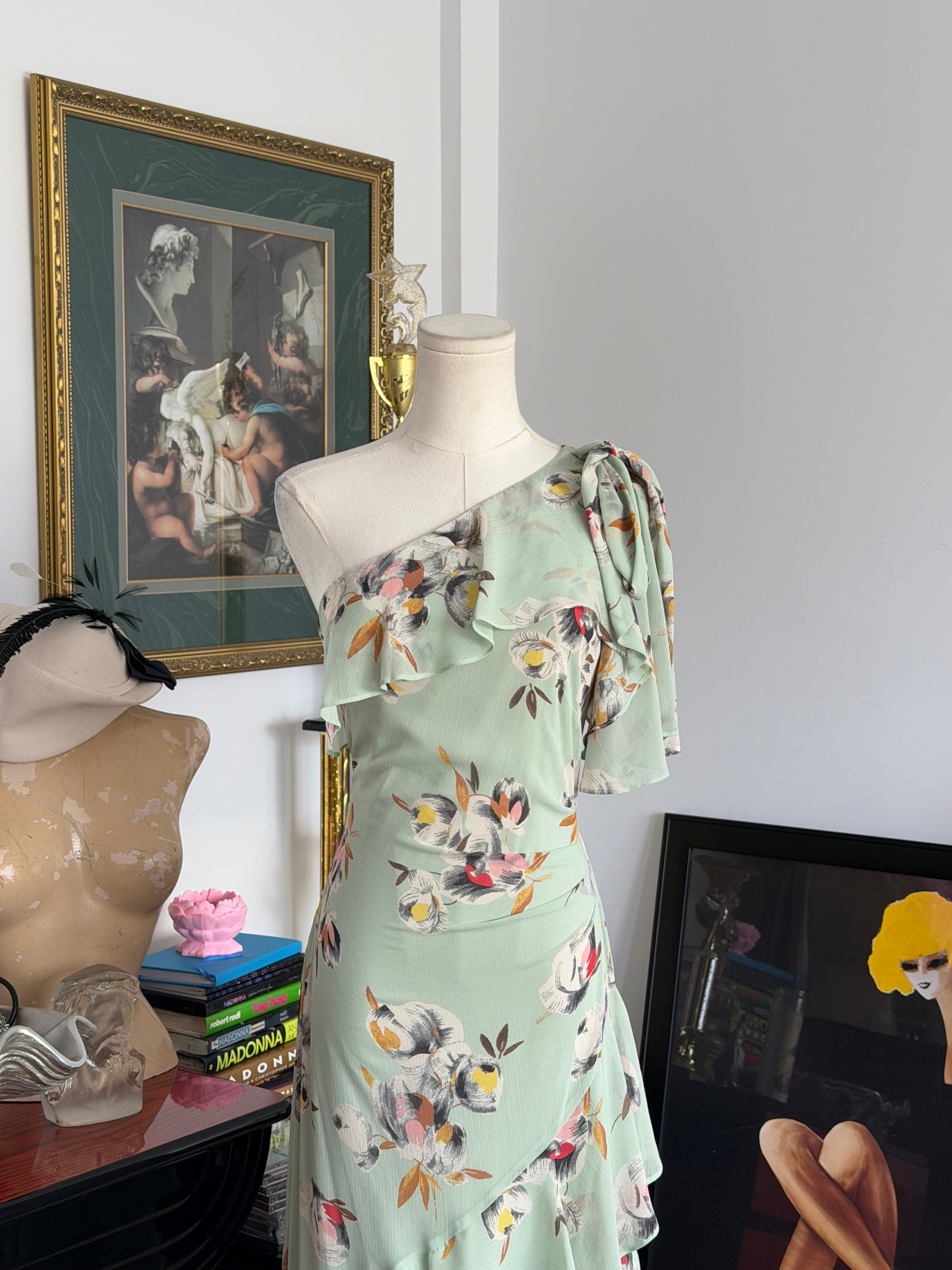 Lauren Ralph Lauren Mint Floral One Shoulder Ruffle Maxi Dress