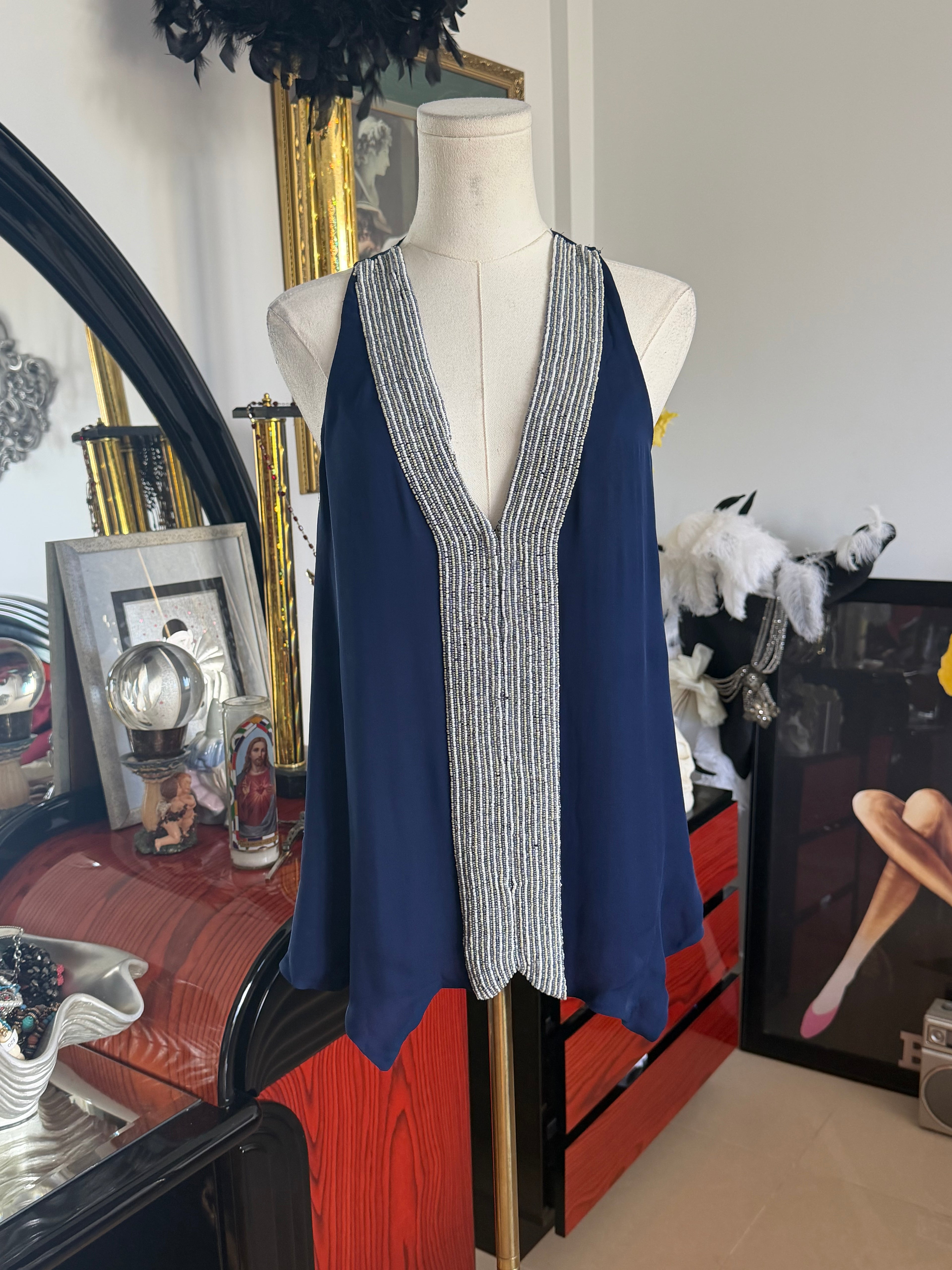 Parker Navy Beaded Silk-Feel Tank | Embellished Deep V Top | Size S