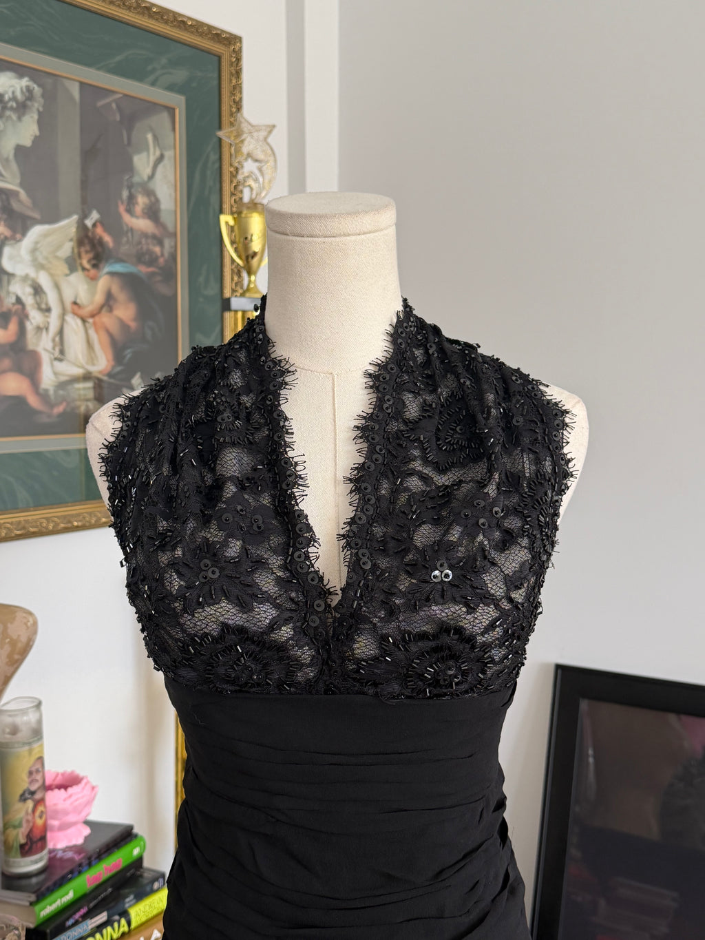 Tadashi Black Silk Beaded Halter Cocktail Dress S-M