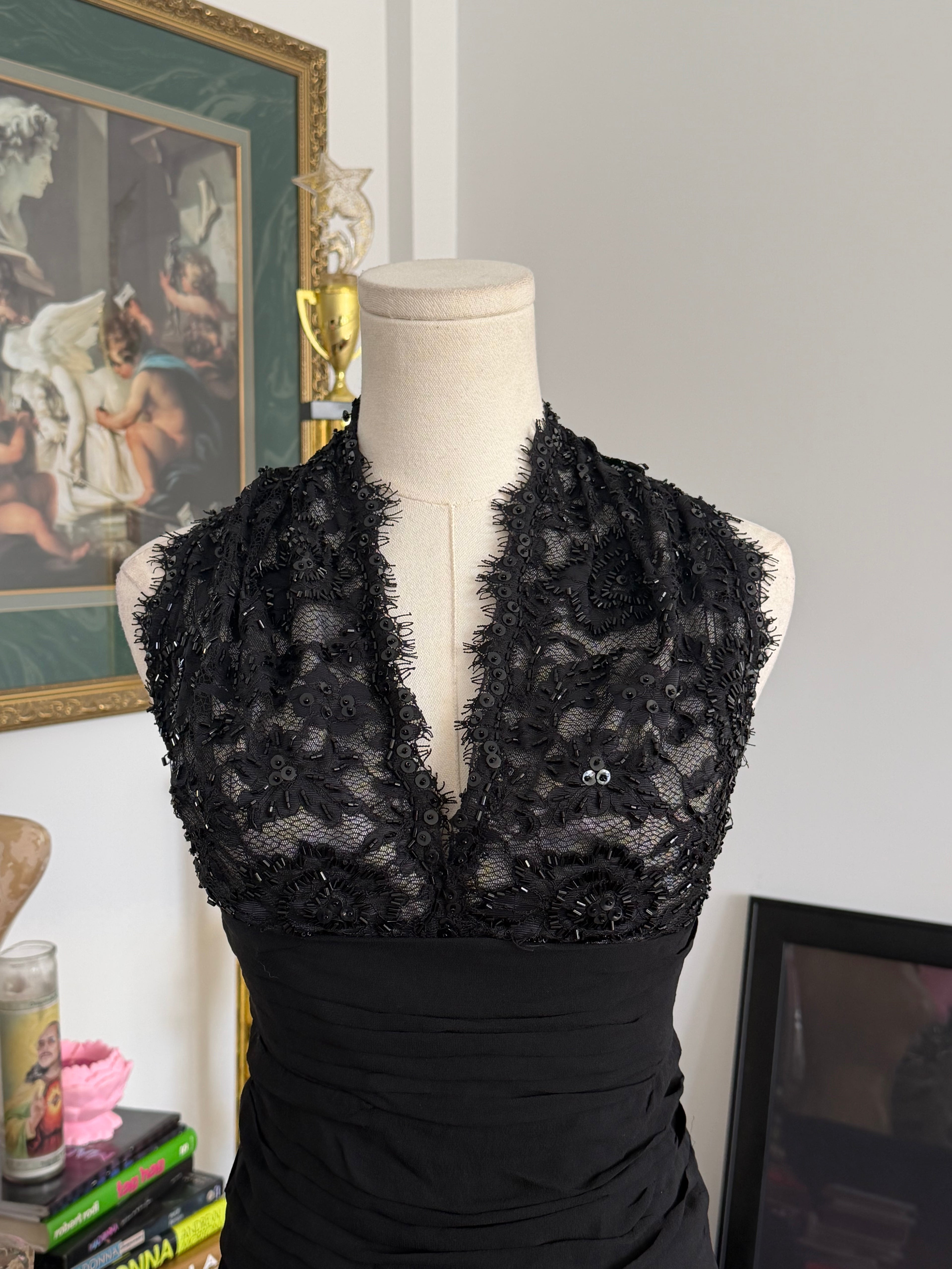Tadashi Black Silk Beaded Halter Cocktail Dress S-M