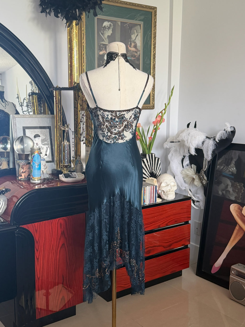 Cache Teal Beaded Lace Slip Dress 2
