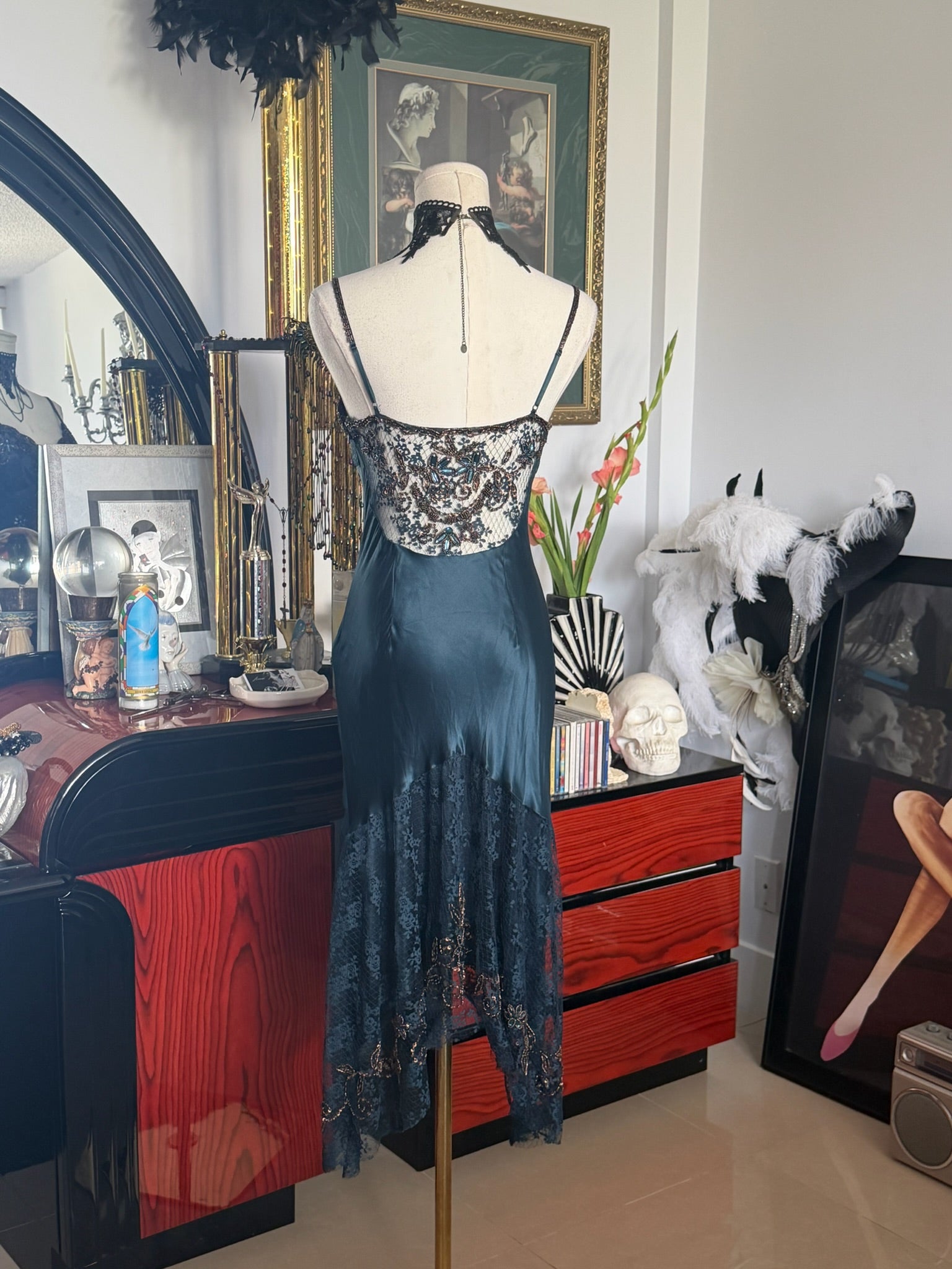Cache Teal Beaded Lace Slip Dress 2
