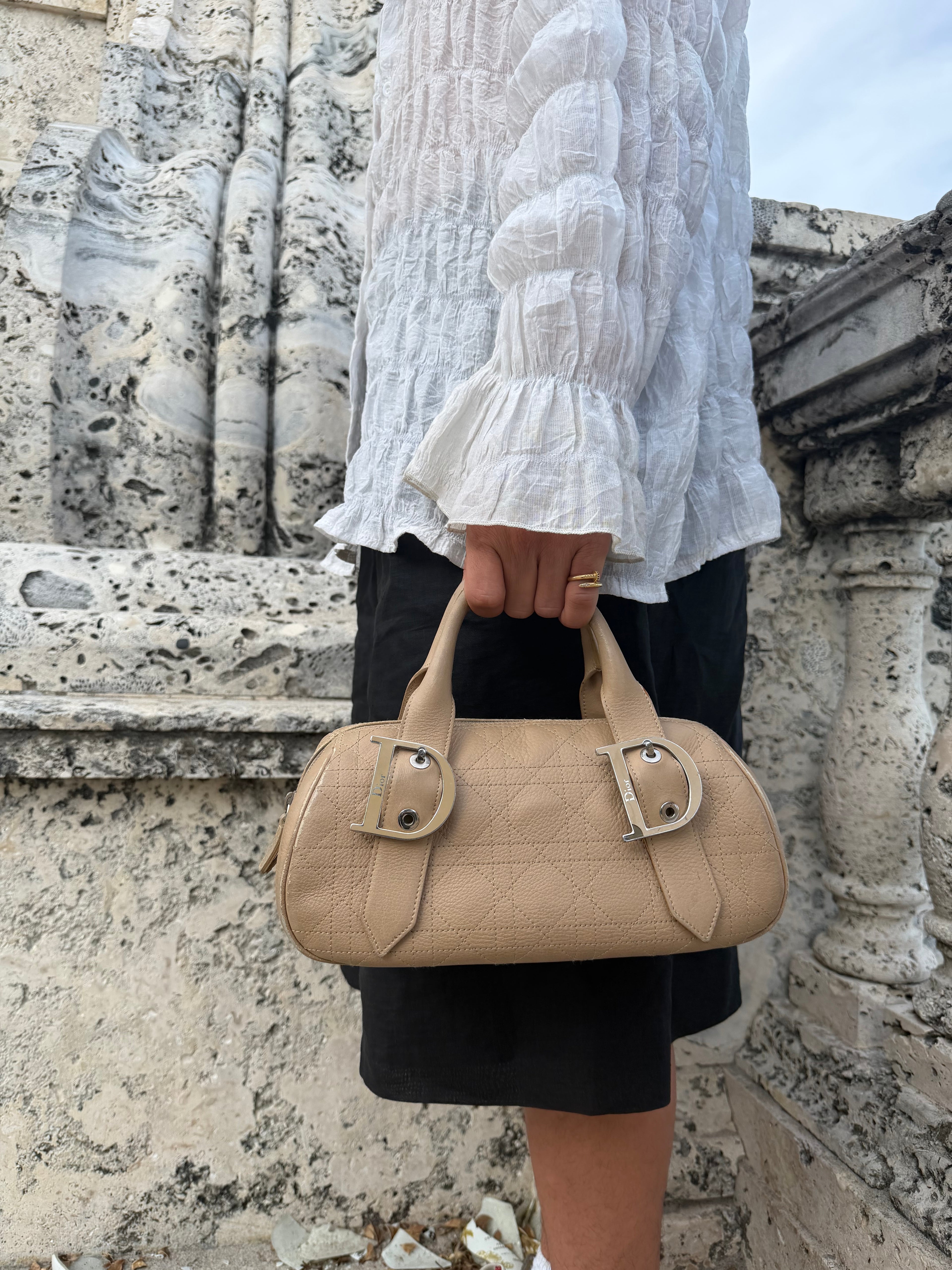 Vintage Christian Dior Street Chic Bowling Bag in Beige Leather – Galliano Era 2000s