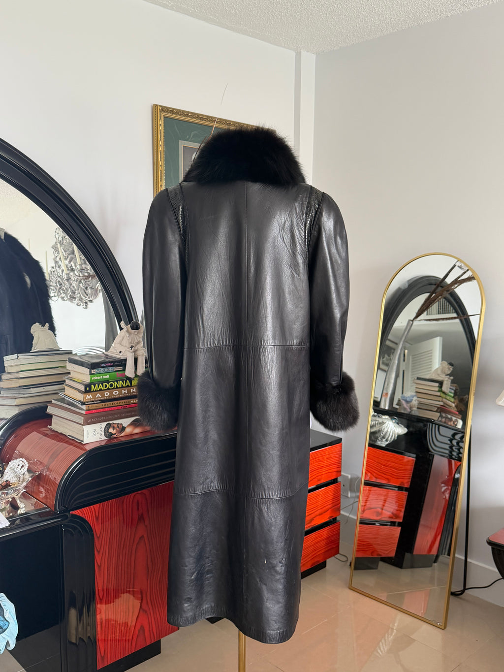 Thermi Vintage Black Nappa Leather Coat w/ Real Fur Trim + Snakeskin Panels (Longline)