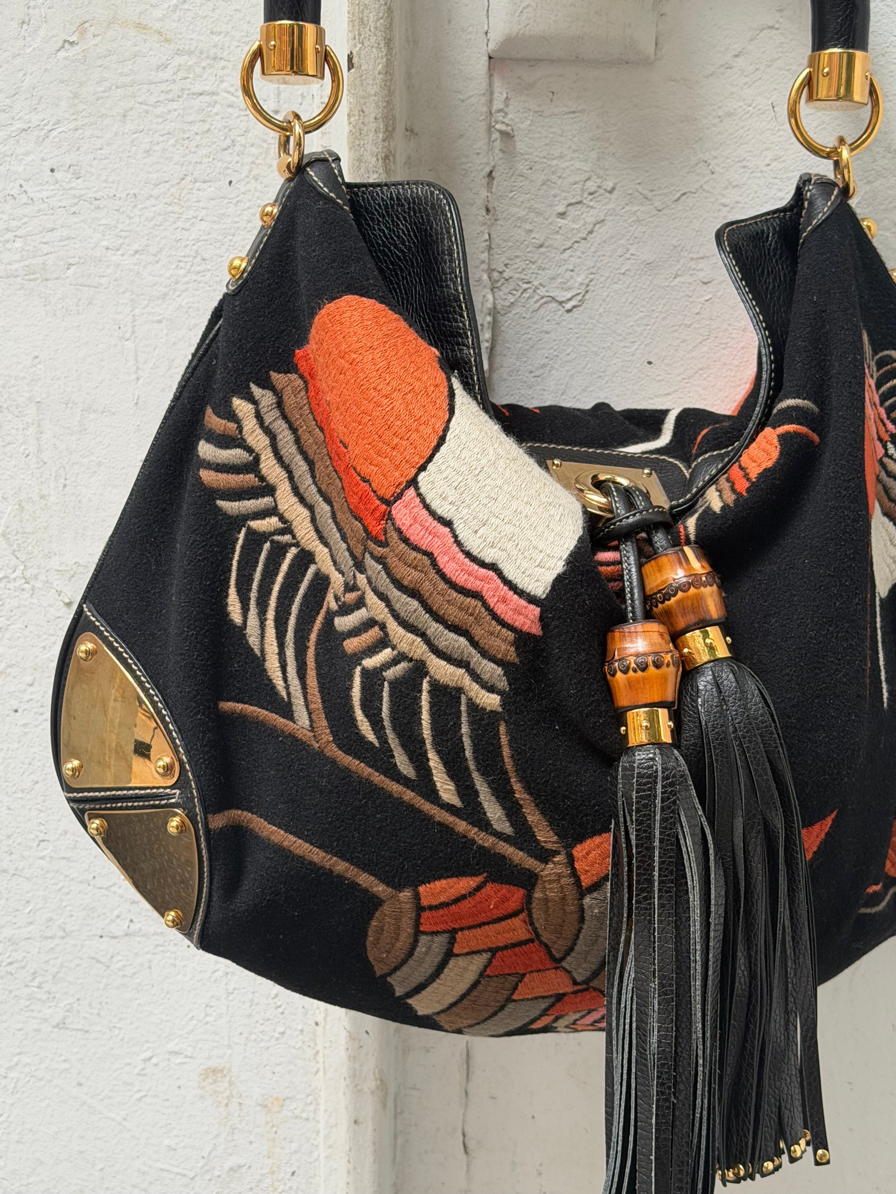 Gucci Fall/Winter Embroidered Velvet Large Indy Hobo Bag