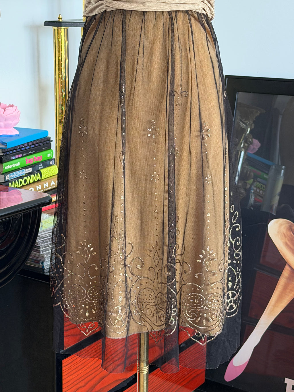 Vintage Papaya Black & Nude Glitter Mesh Fairy Dress S