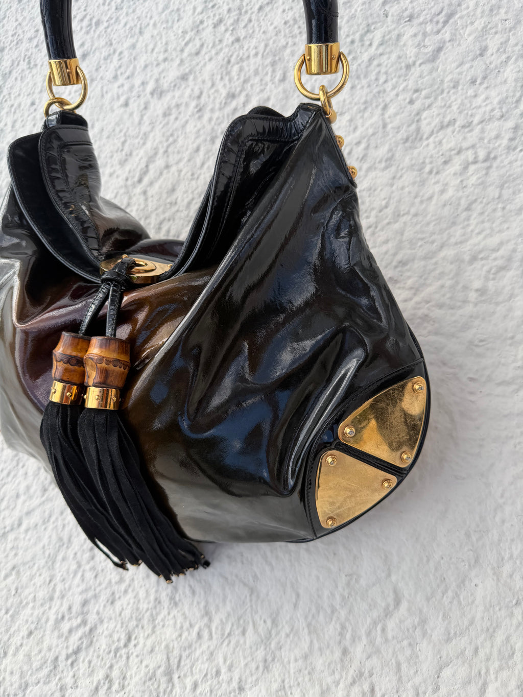 Gucci Indy Large Patent Bamboo Tassel Hobo Bag – Black Patent / Gold Hardware (2007 Collection)