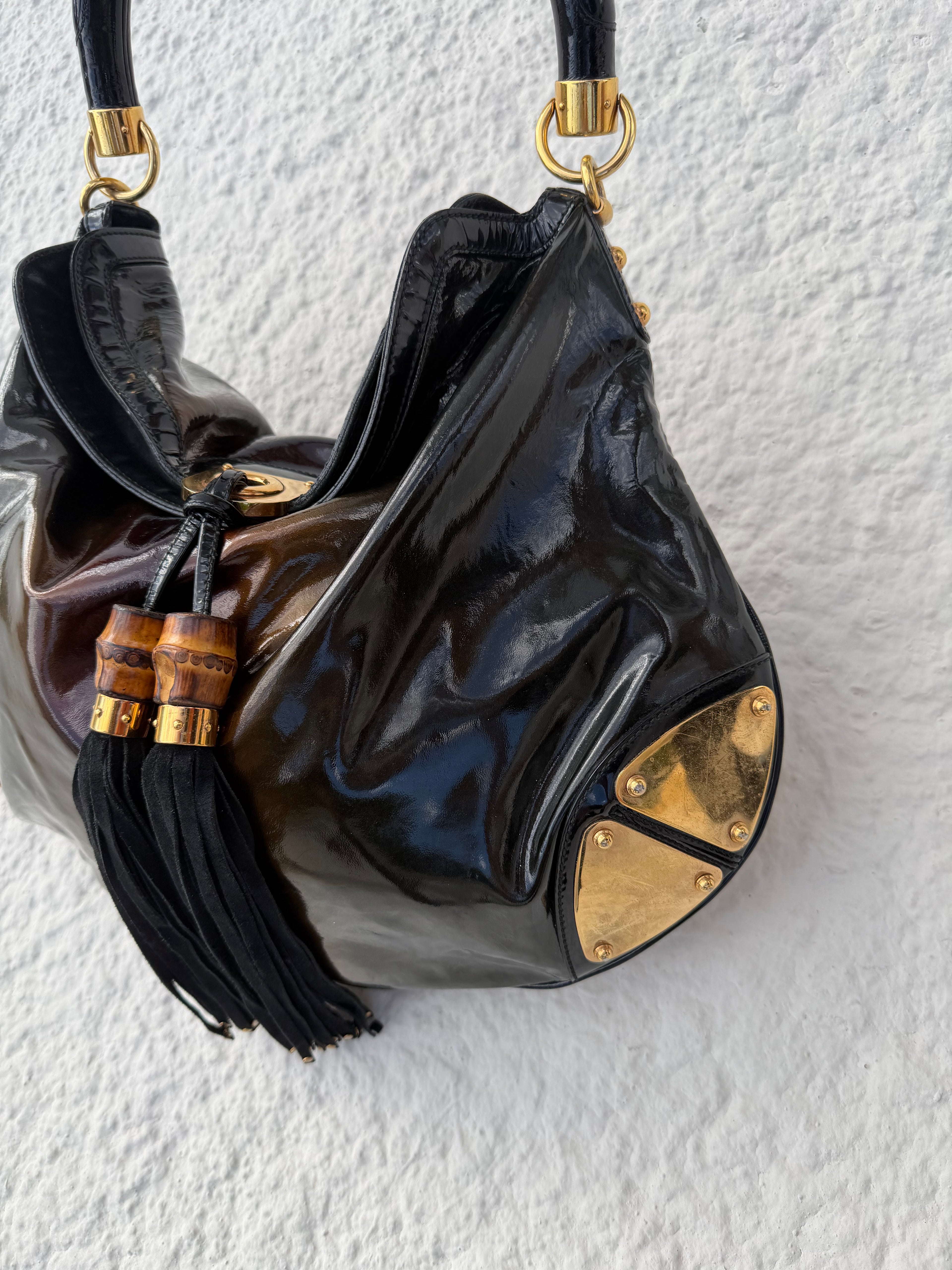 Gucci Indy Large Patent Bamboo Tassel Hobo Bag – Black Patent / Gold Hardware (2007 Collection)