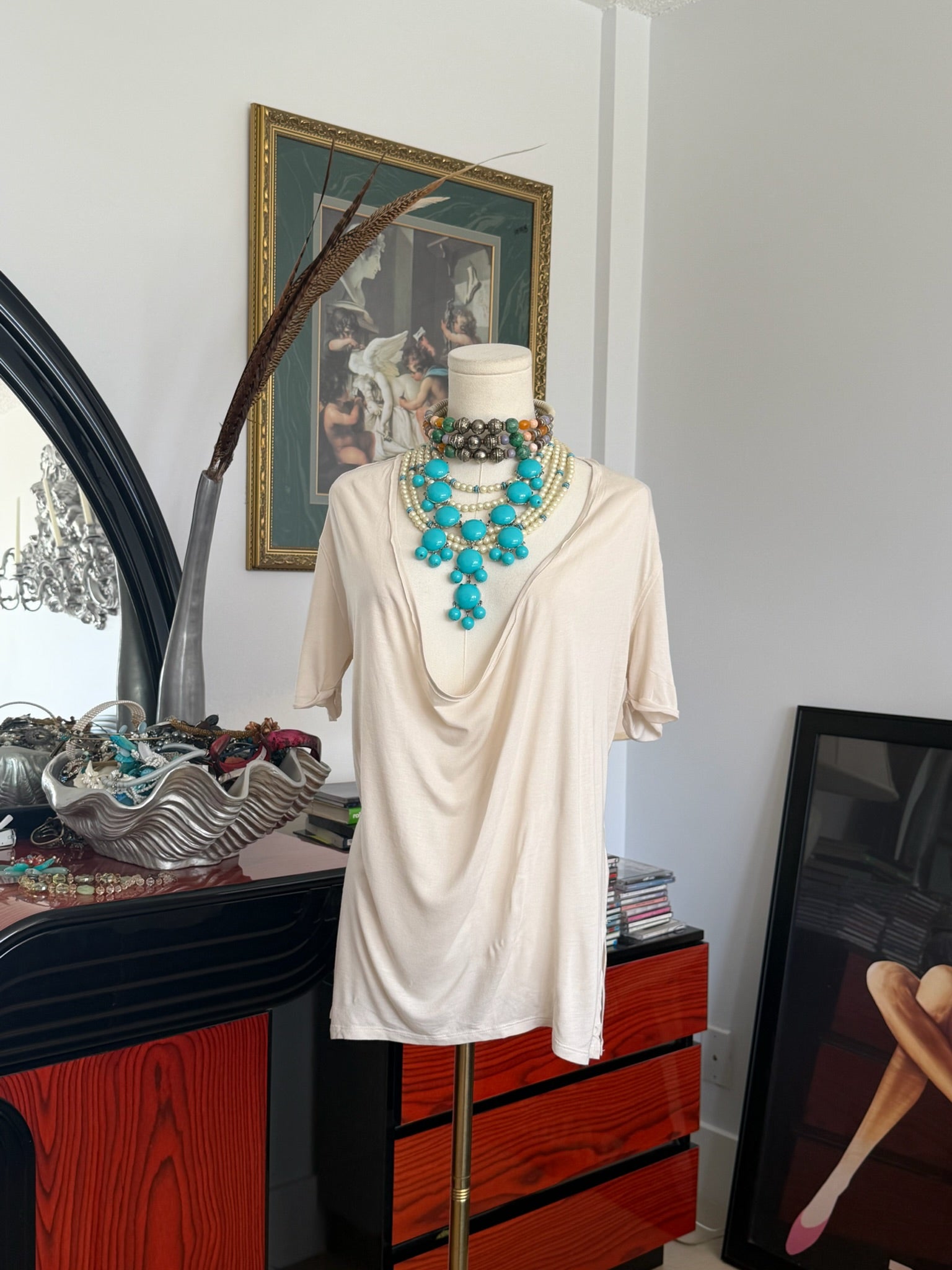 Nude draped deep cowl top