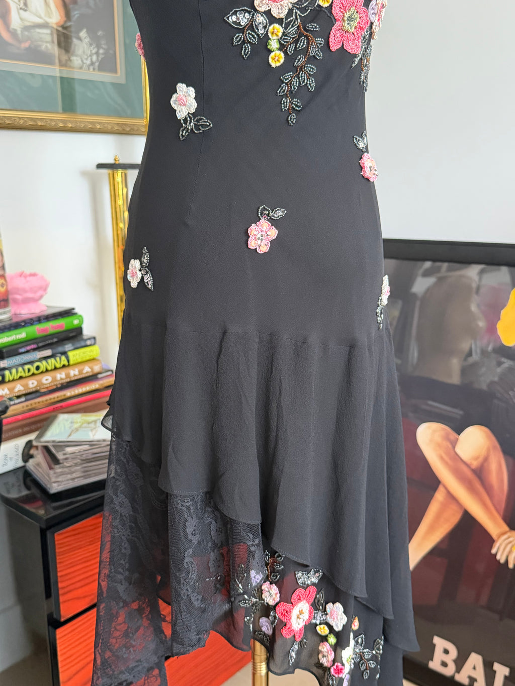 vintage Sue Wong, black silk floral, crochet, and beaded dress