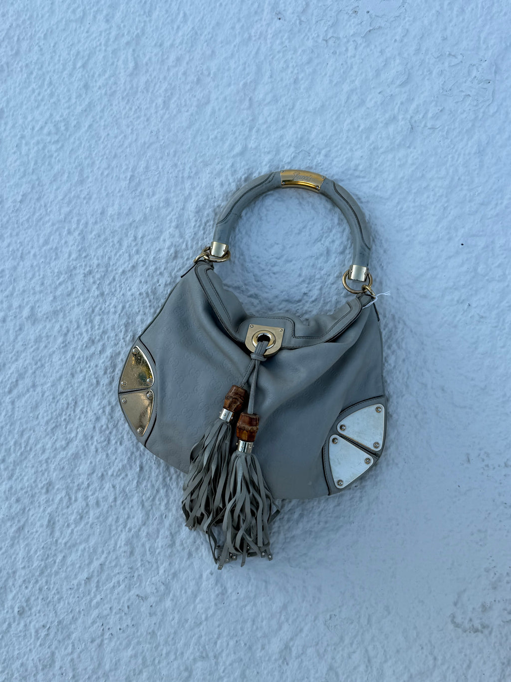 Gucci Indy Medium Hobo – Light Grey Guccissima Leather – Bamboo Tassels – Gold Hardware