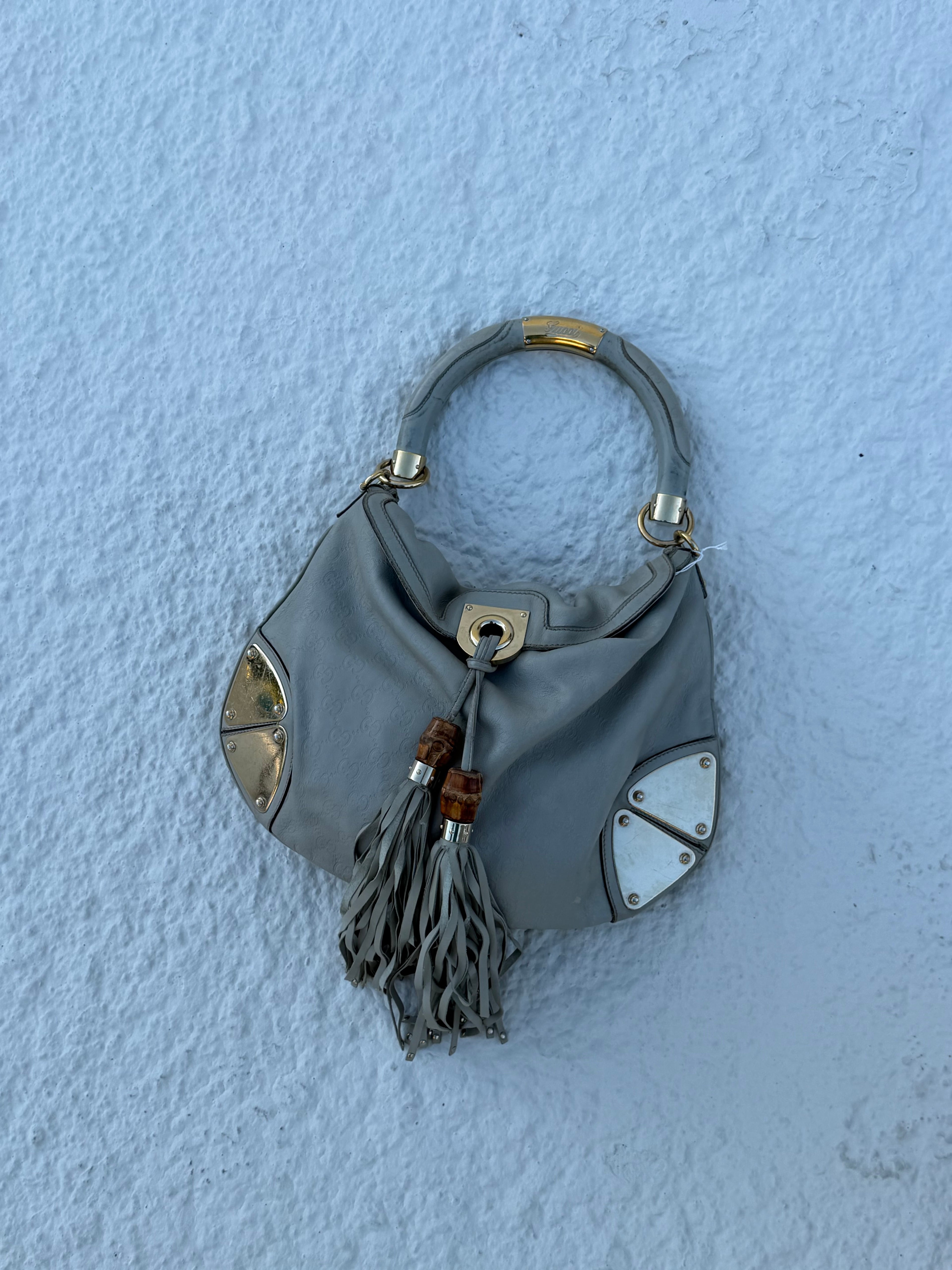 Gucci Indy Medium Hobo – Light Grey Guccissima Leather – Bamboo Tassels – Gold Hardware