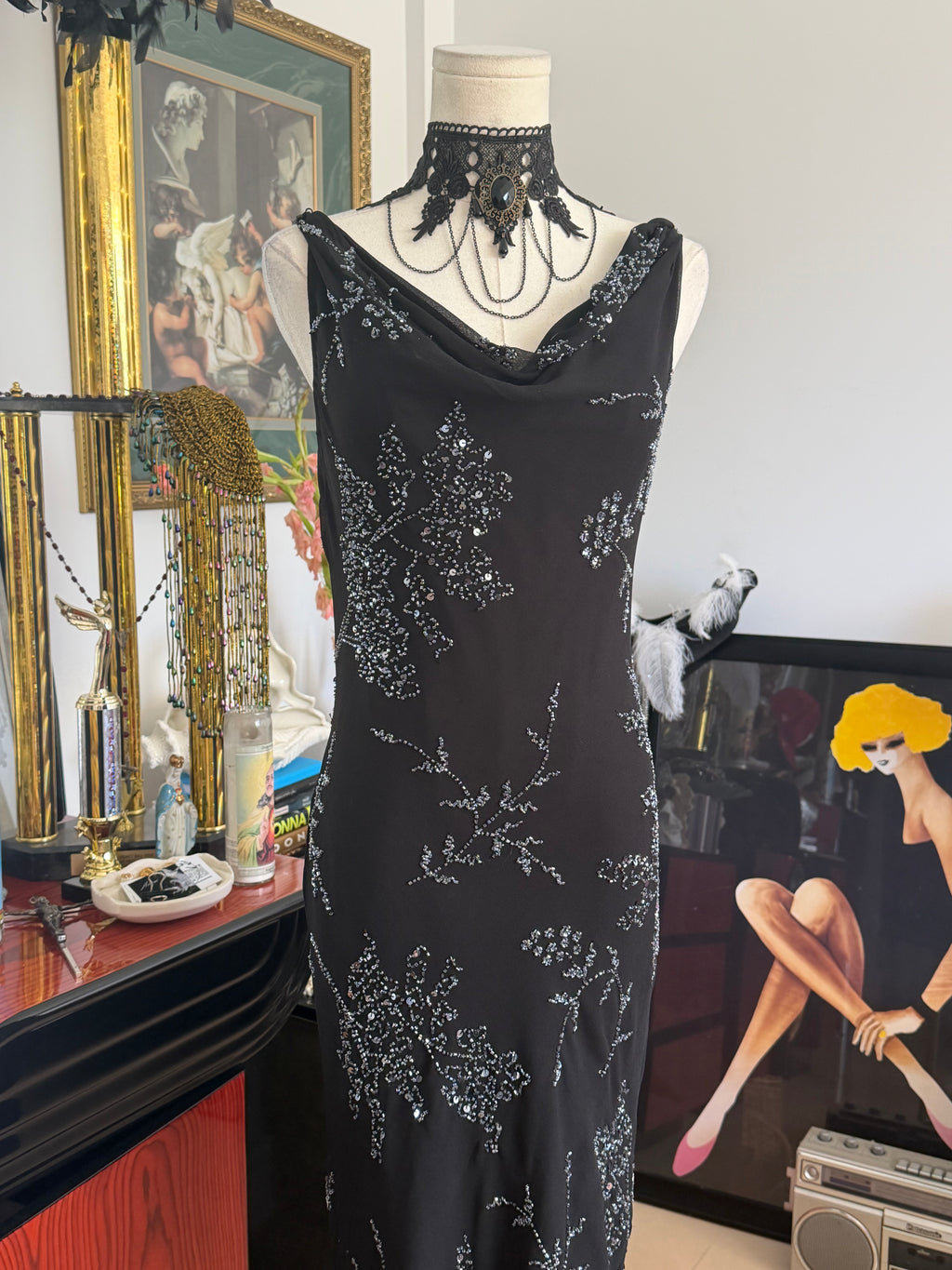 Vintage JKARA New York Black Beaded Evening Dress
