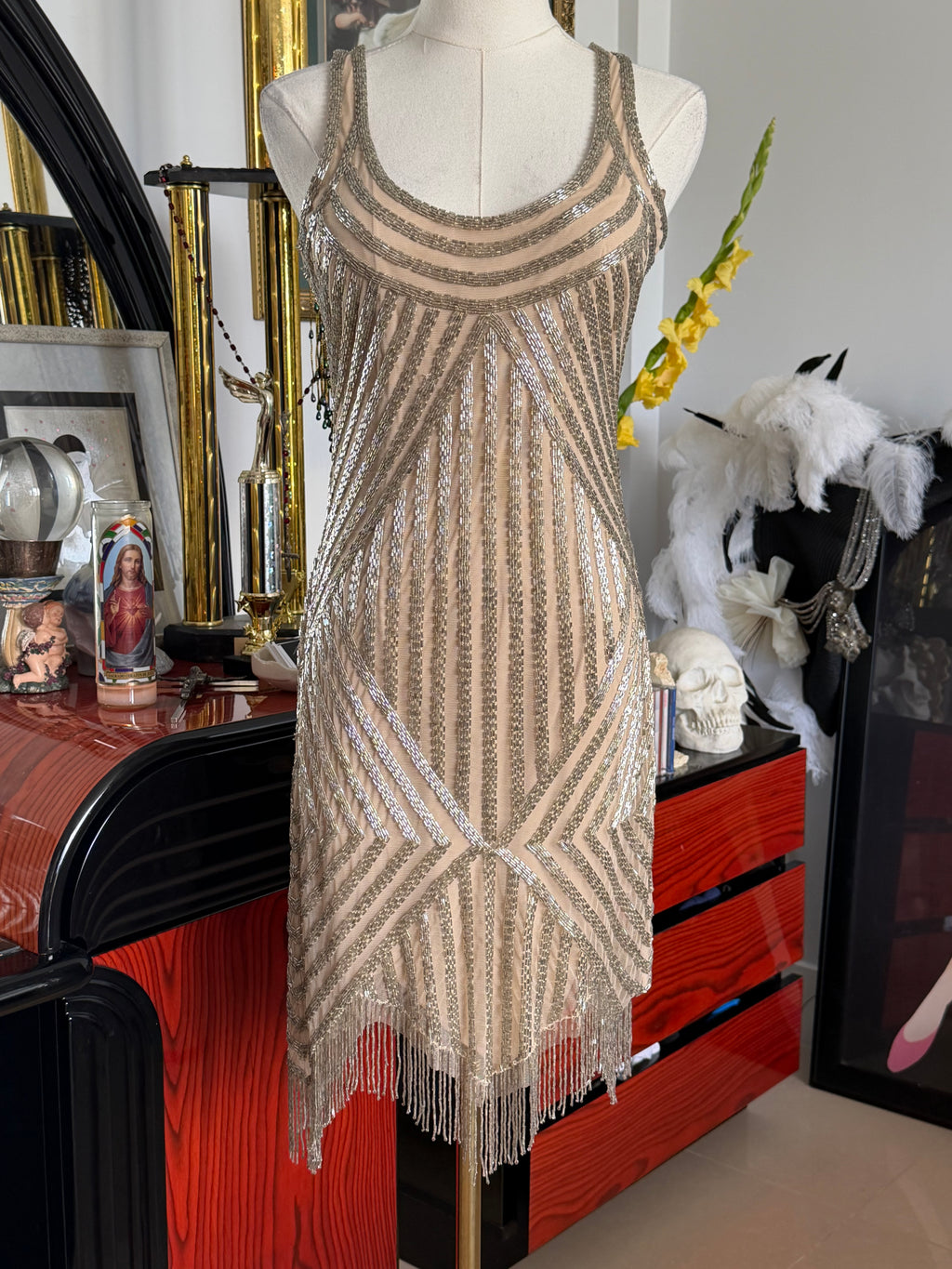 Aidan Mattox Art Deco Beaded Fringe Cocktail Dress