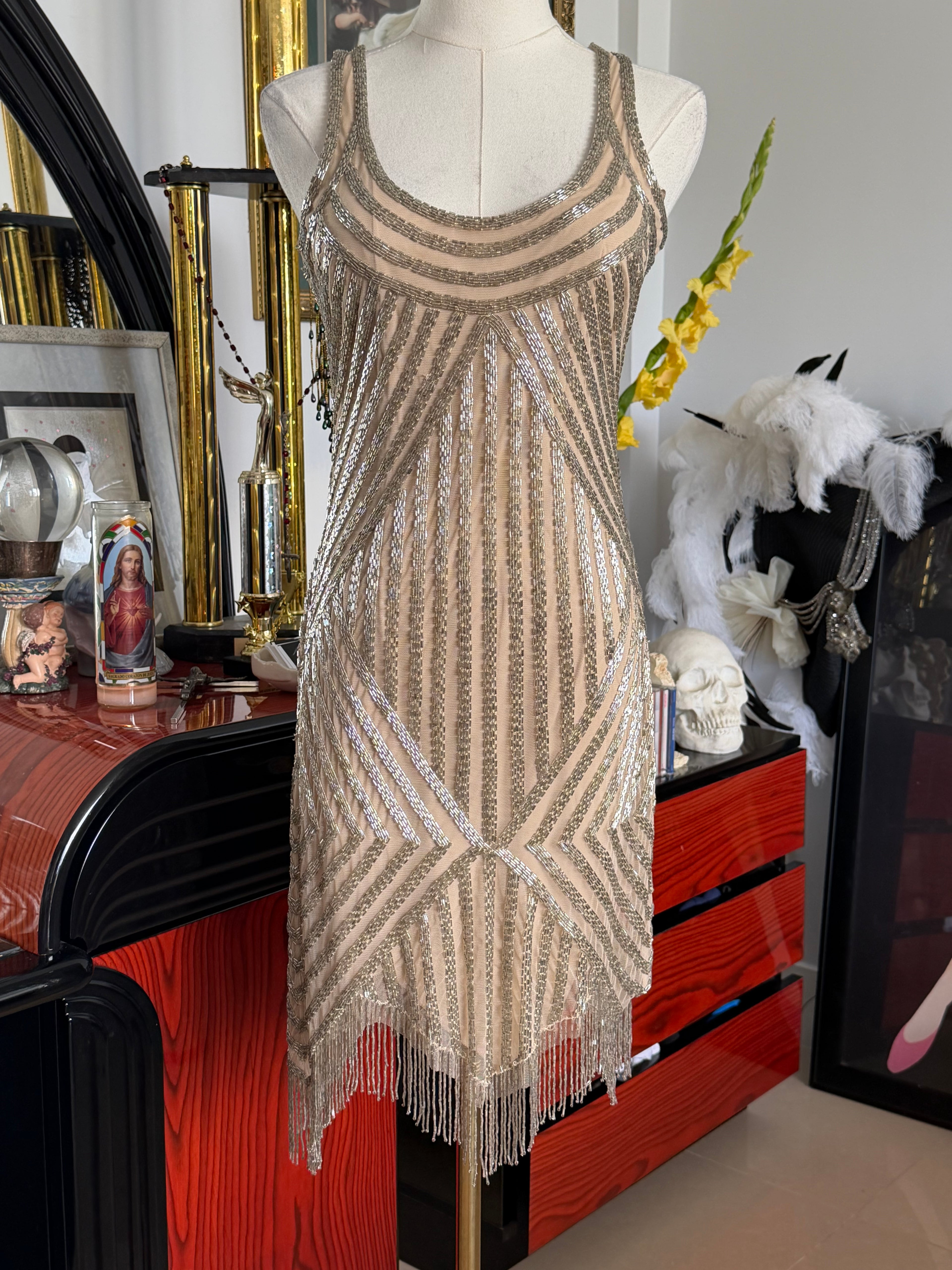 Aidan Mattox Art Deco Beaded Fringe Cocktail Dress