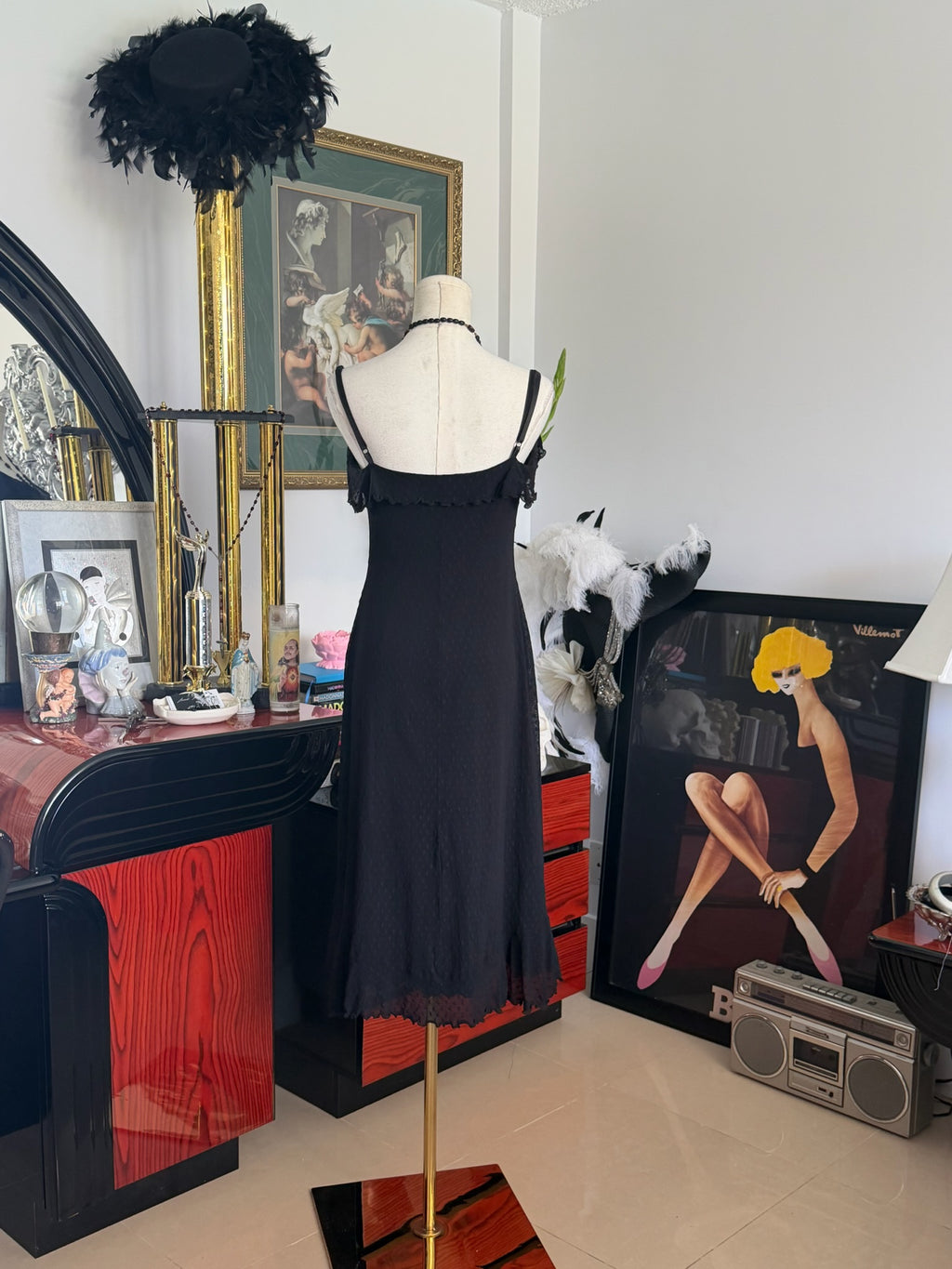 Vintage Betsey Johnson New York Black Asymmetrical Ruffle Midi Dress