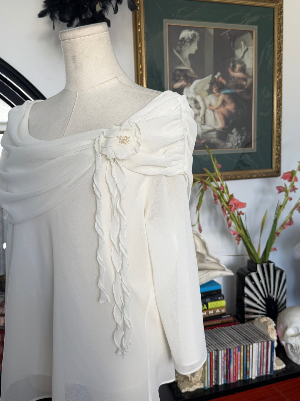 Vintage MSK Ivory Draped Off-Shoulder Floral Blouse