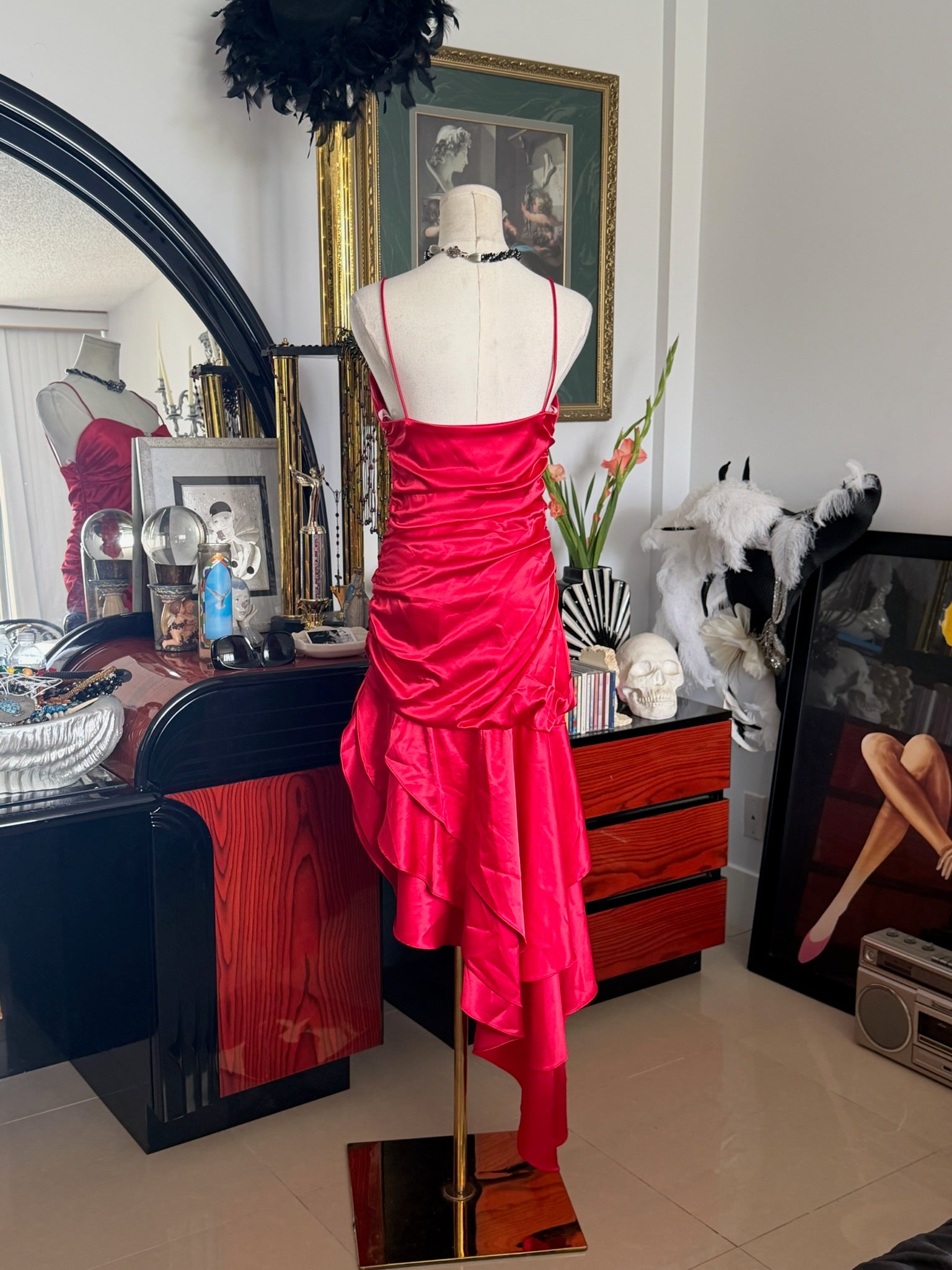 Blondie Nites Y2K Red Satin Rhinestone Ruffle Maxi Dress