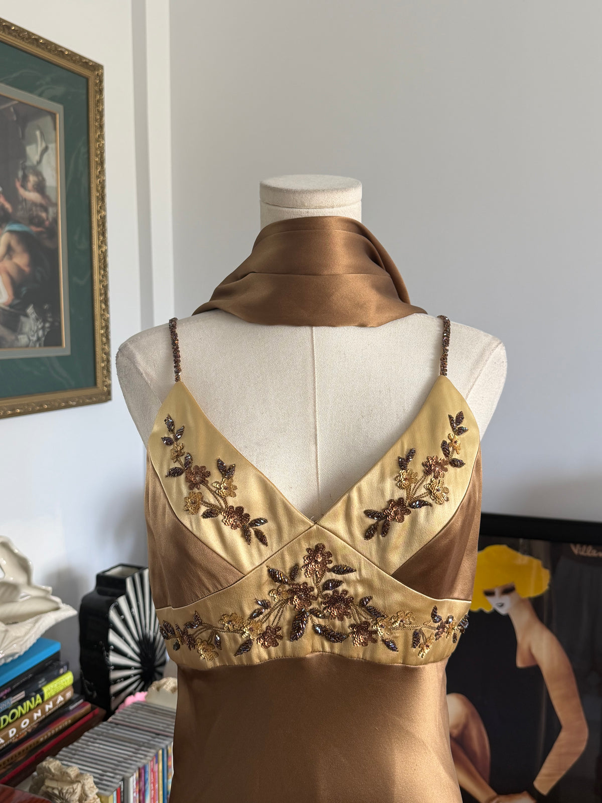 Vintage Silk Beaded Floral Bronze Evening Gown + Matching Scarf
