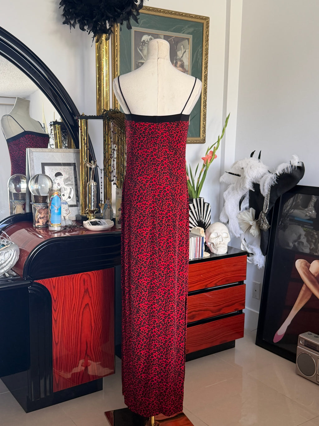 Y2K Red Leopard Print Maxi Slip Dress | DS by DMS | Body Skimming M-L