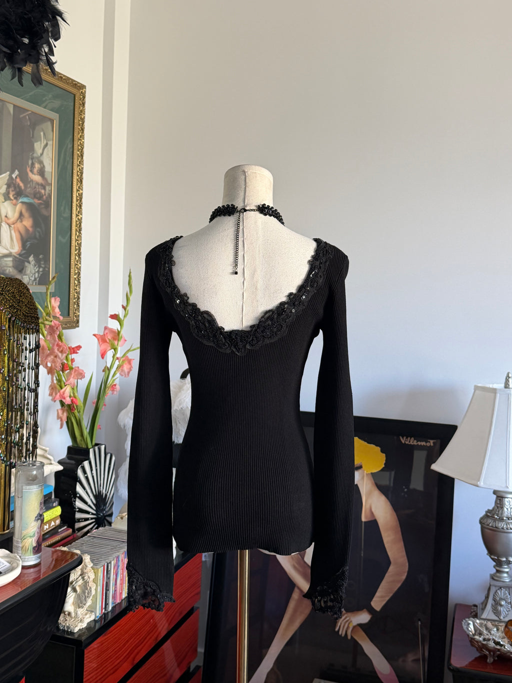 Vintage Caché Black Beaded Lace Reversible Long Sleeve Top