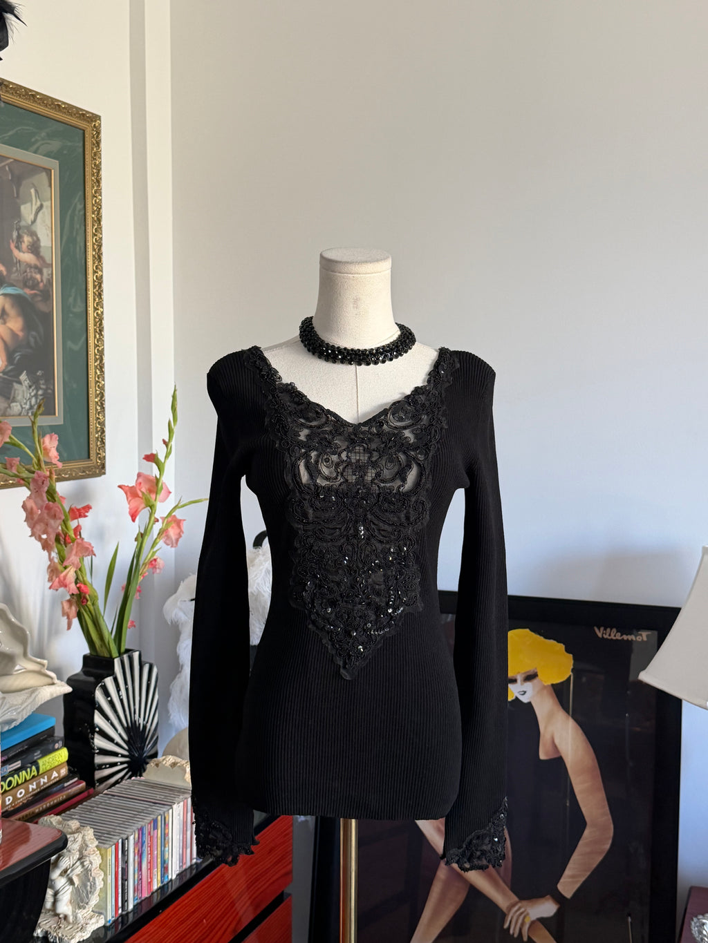 Vintage Caché Black Beaded Lace Reversible Long Sleeve Top