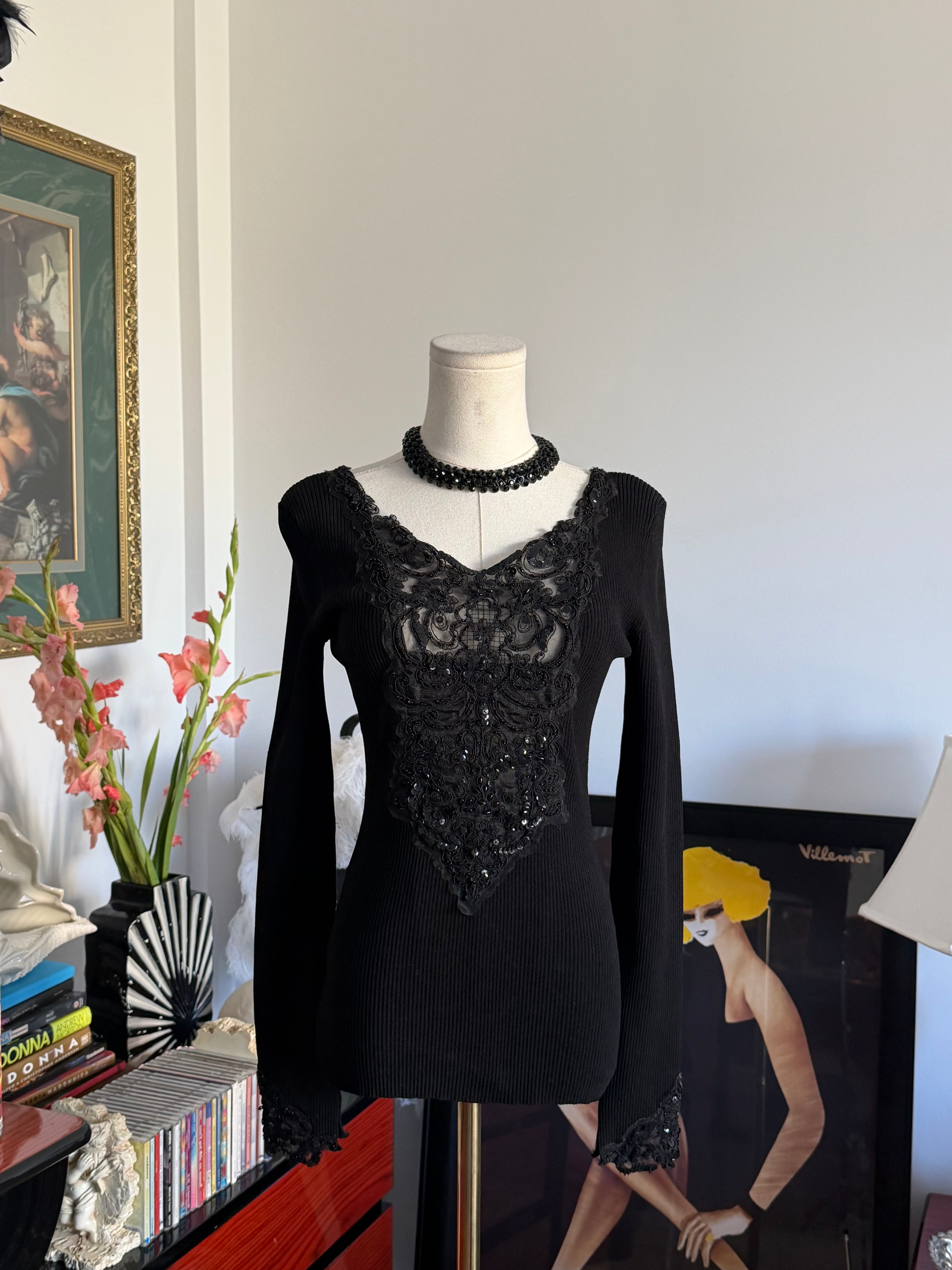 Vintage Caché Black Beaded Lace Reversible Long Sleeve Top