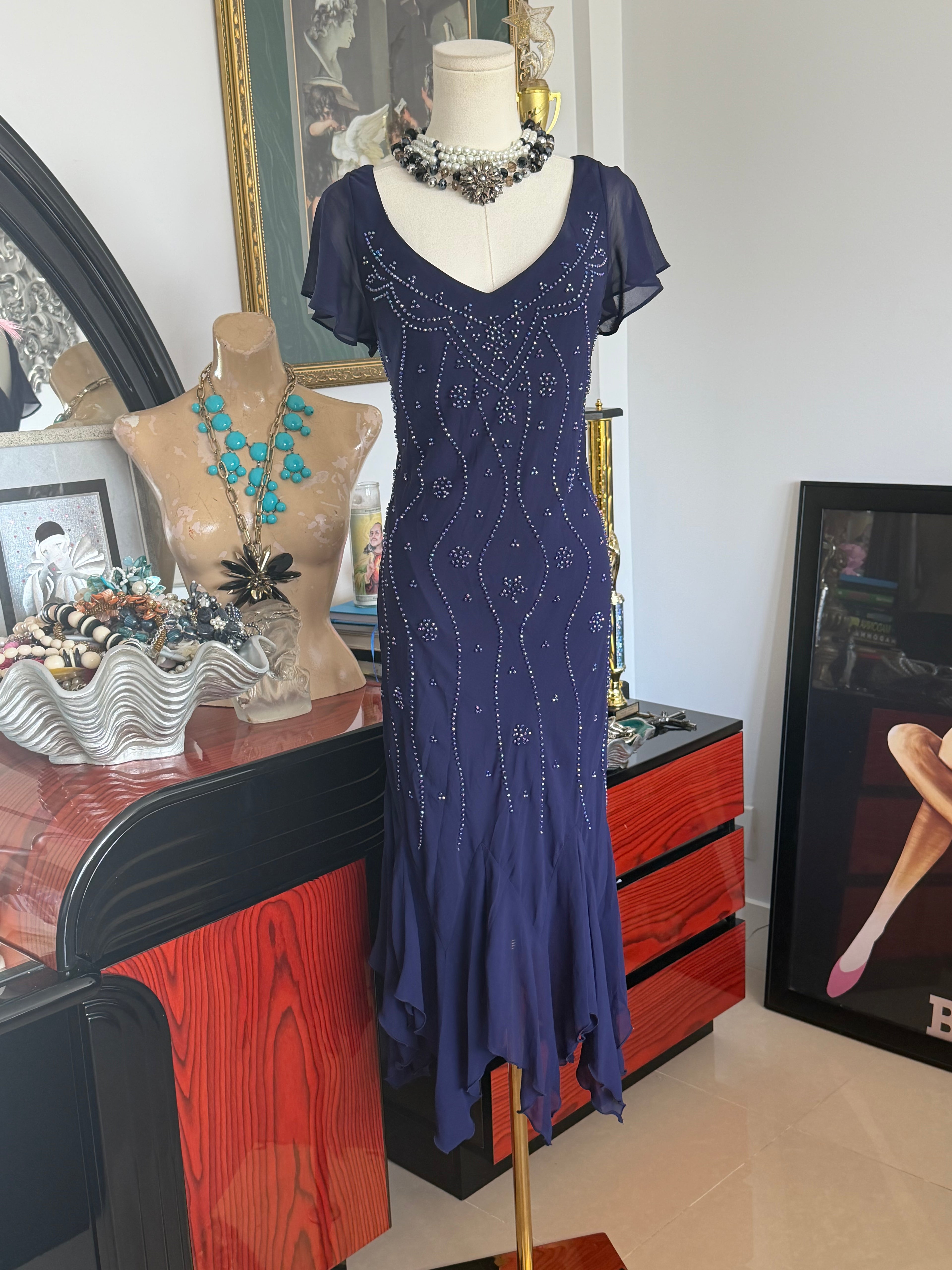 Metaphor navy beaded handkerchief hem evening dress | made in usa | size 12