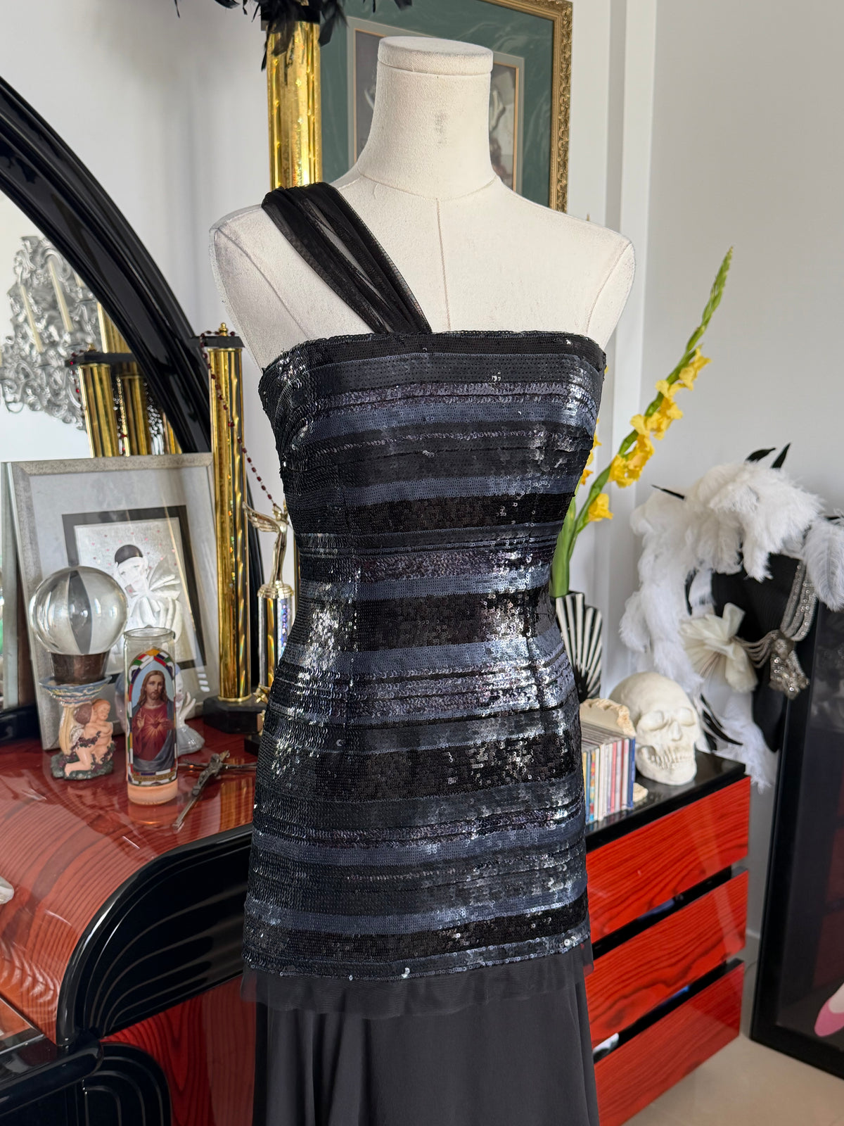 BCBG Max Azria Black Sequin One-Shoulder Evening Gown