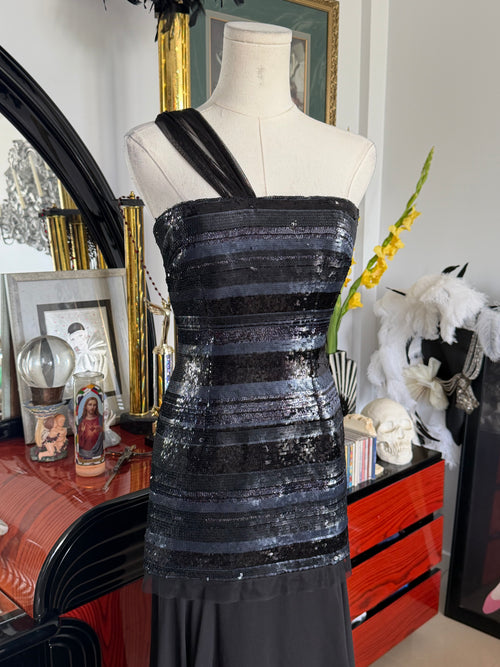 BCBG Max Azria Black Sequin One-Shoulder Evening Gown
