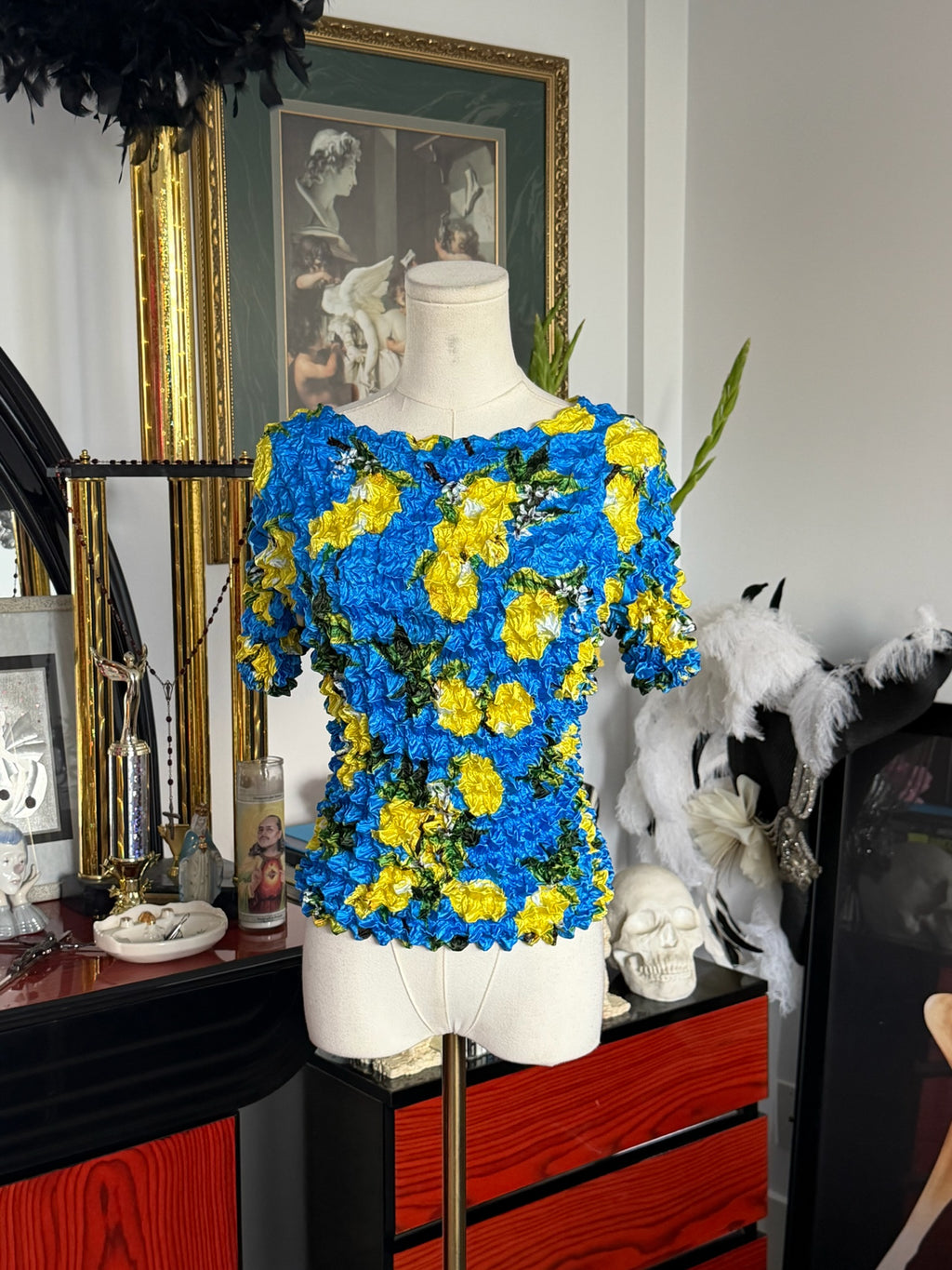 Textured Blue & Yellow Floral Stretch Top