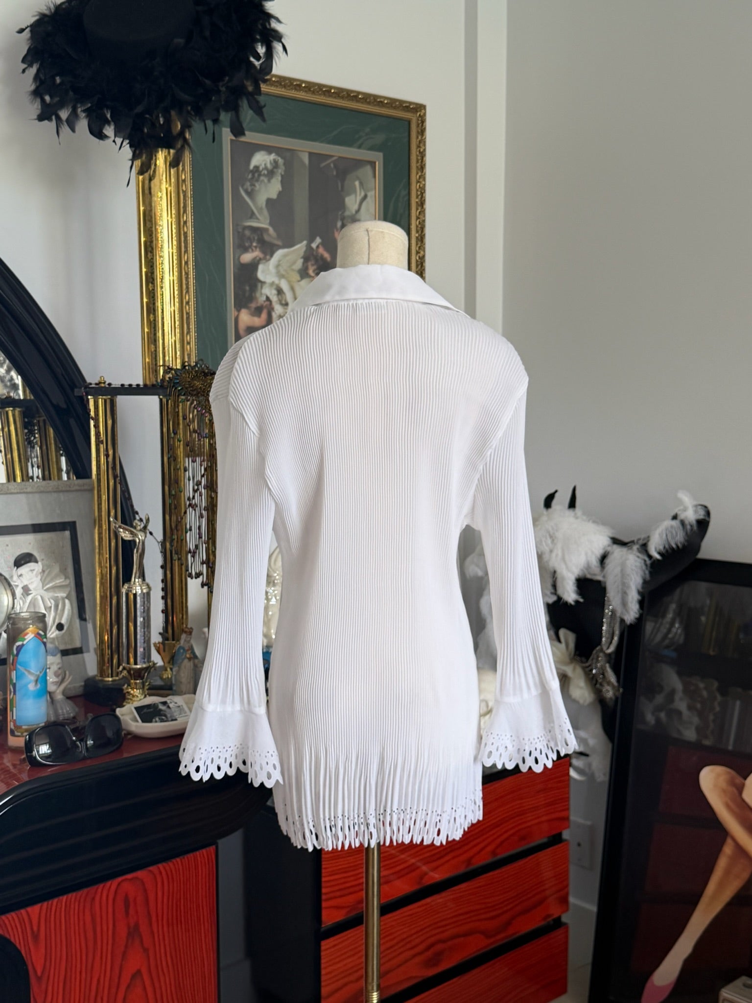 Cato White Pleated Eyelet Button-Up Blouse