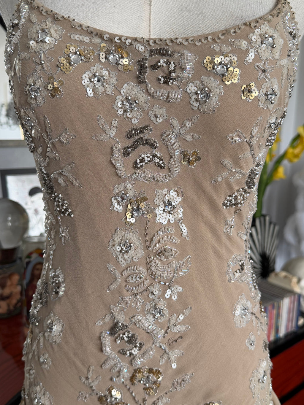 Sue Wong 100% Silk Hand Beaded Champagne Ruffle Dress