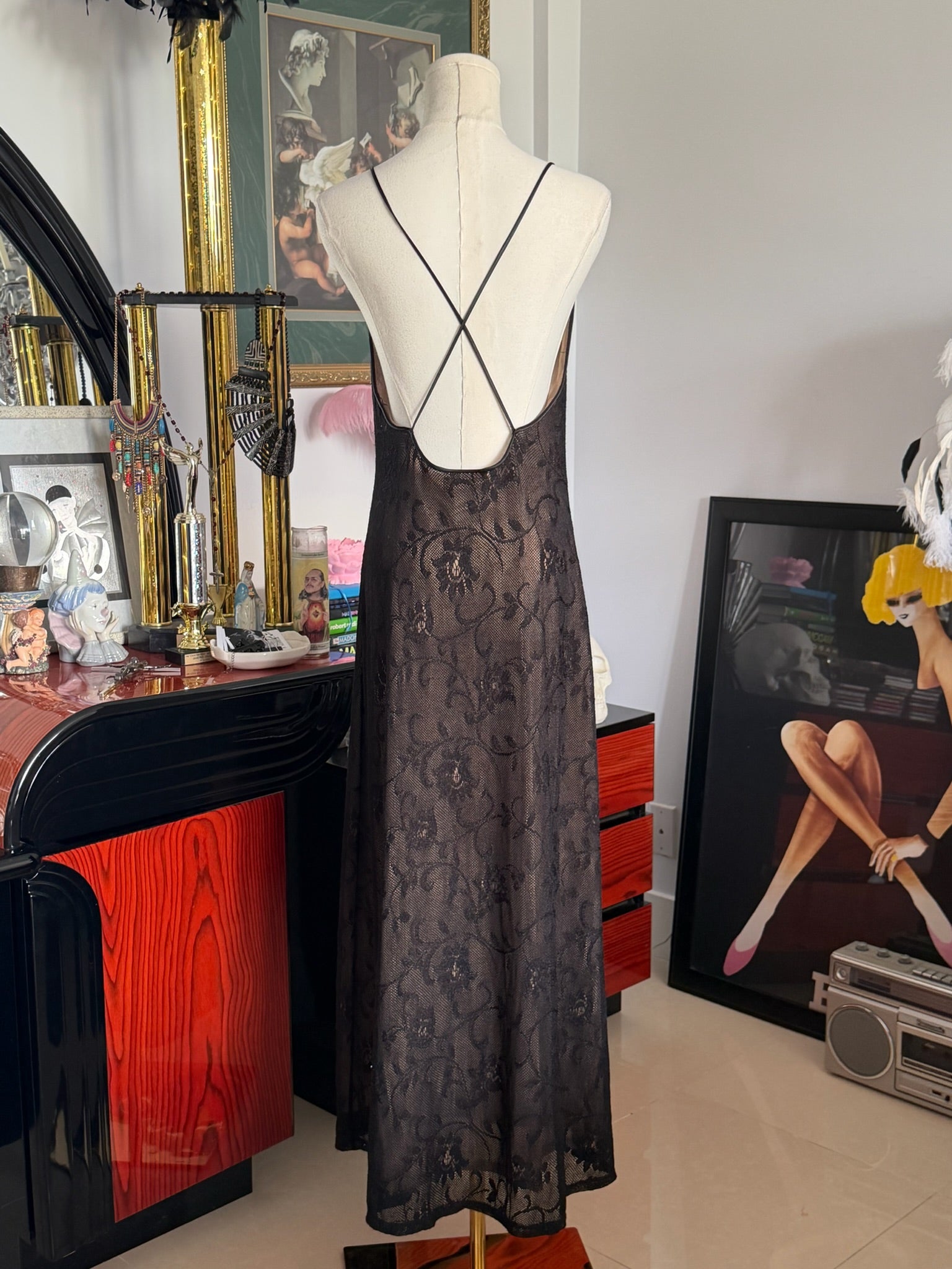 Vintage Sheer Black Lace Maxi Slip Dress | Open Crisscross Back | 90s Minimalist