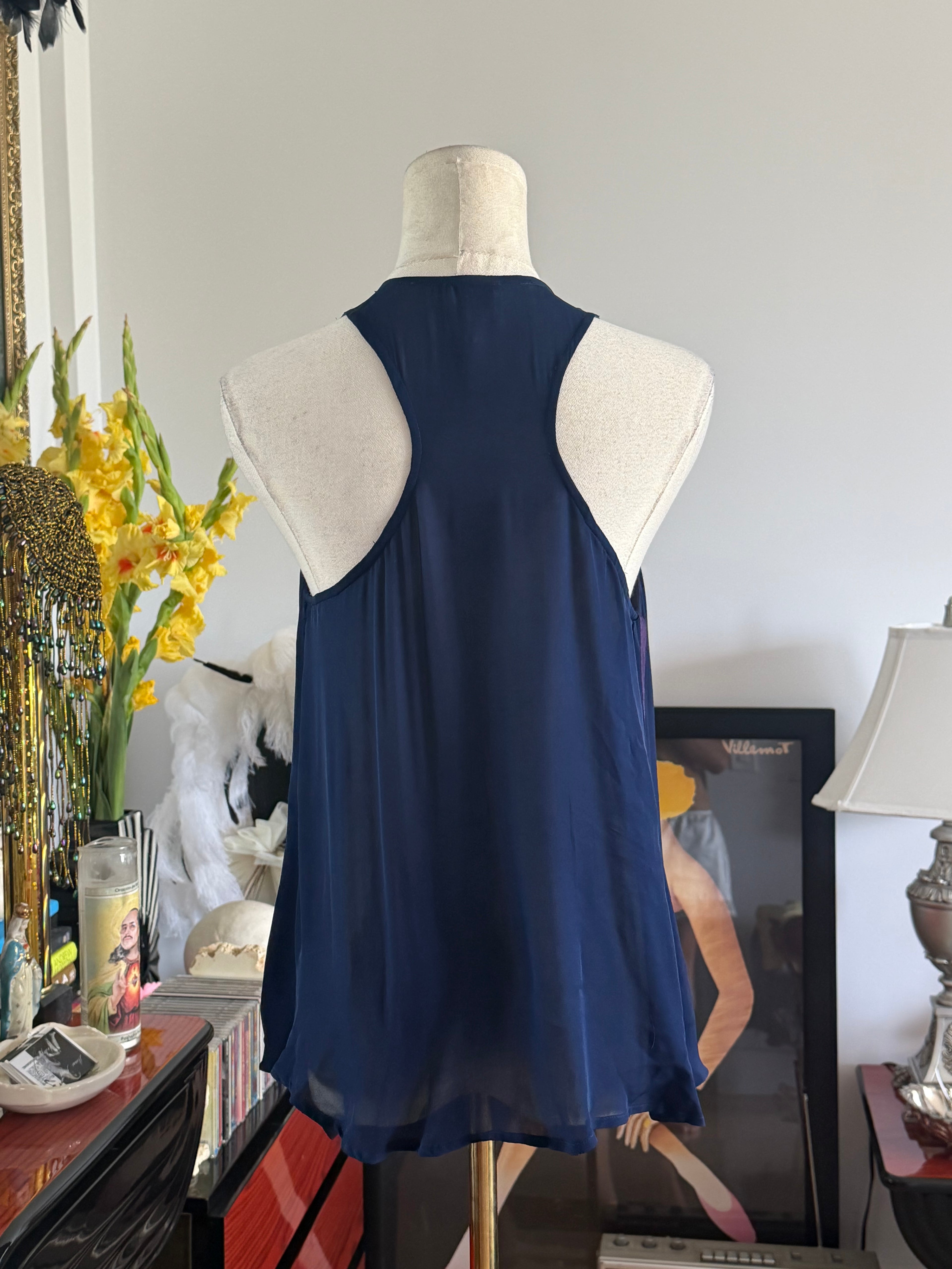 Parker Navy Beaded Silk-Feel Tank | Embellished Deep V Top | Size S