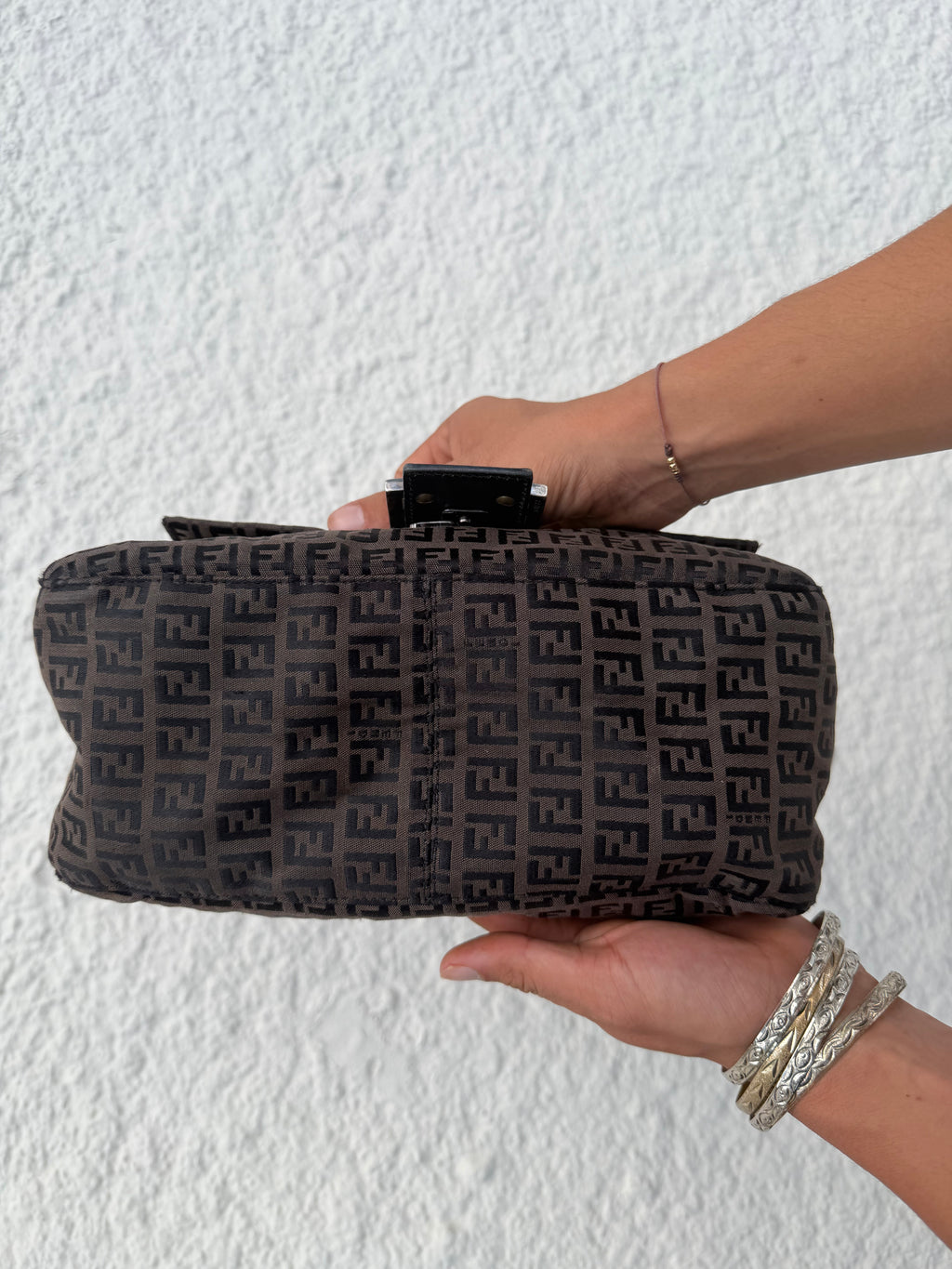 Fendi Mamma Baguette / Large Zucca Canvas Shoulder Bag — Brown & Black / Silver Hardware